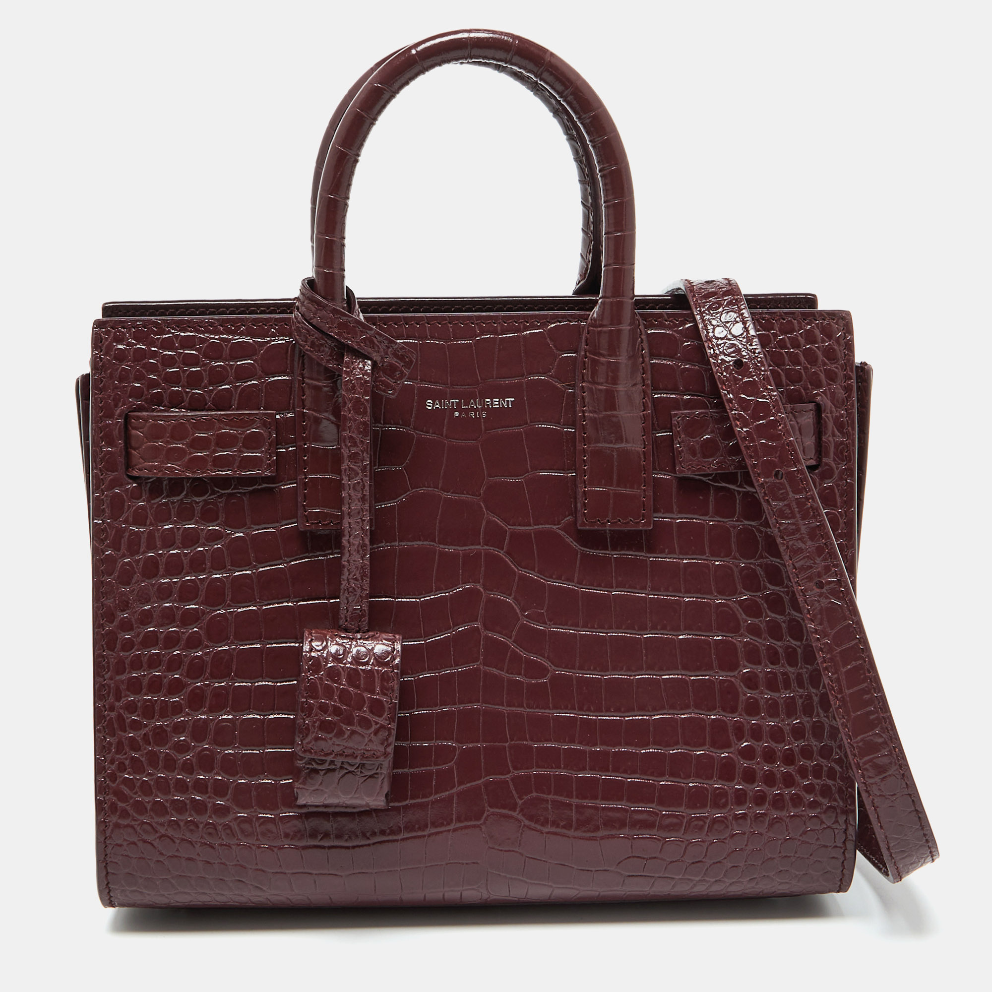 

Saint Laurent Burgundy Croc Embossed Leather Nano Classic Sac De Jour Tote