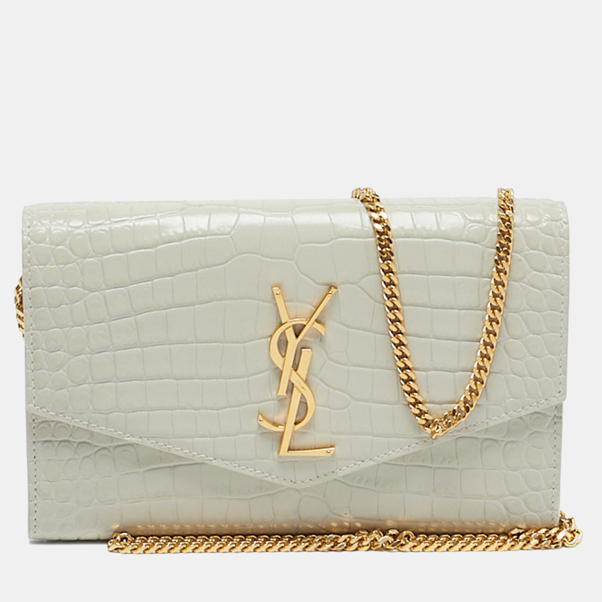 

Saint Laurent Off White Croc Embossed Leather Uptown Wallet On Chain