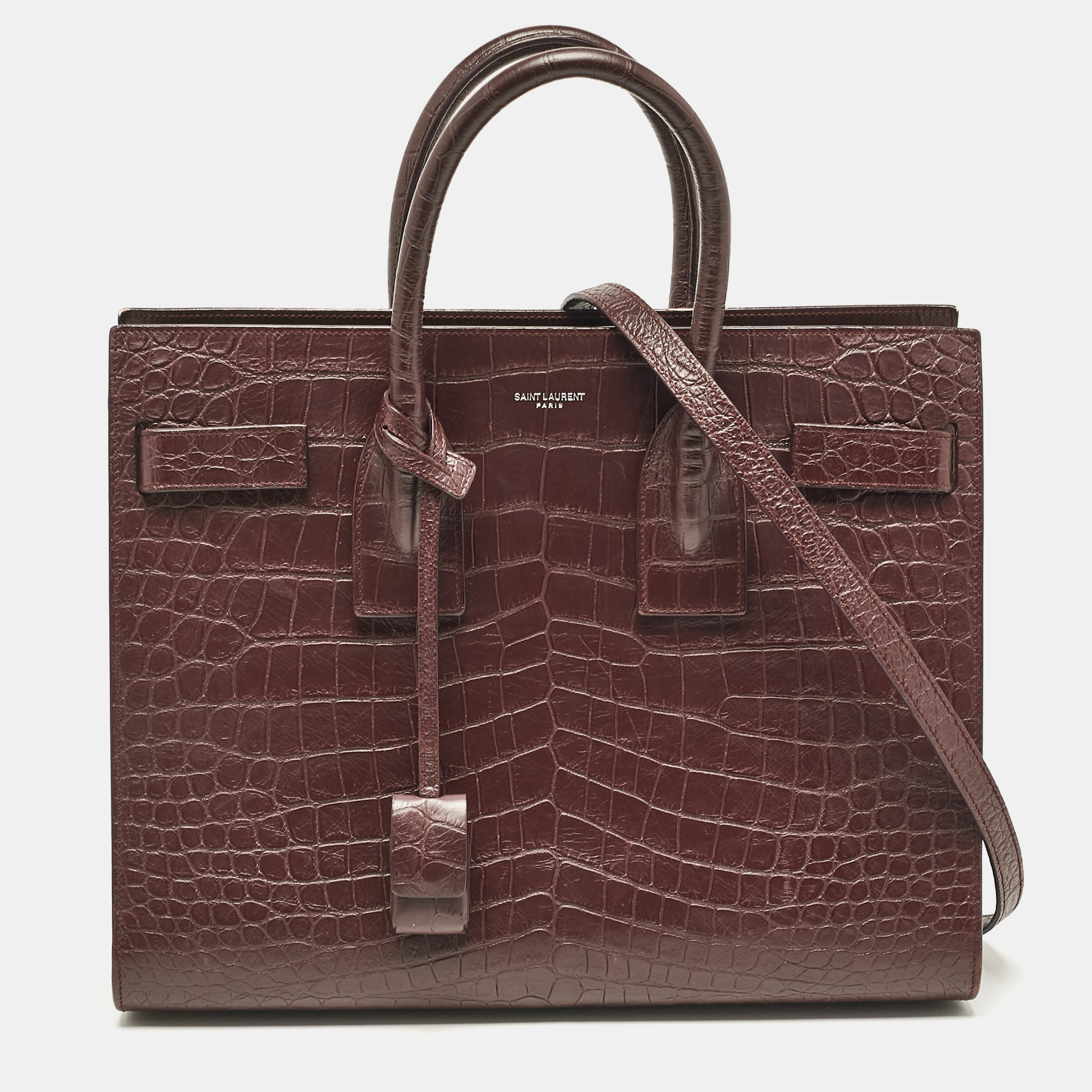 

Saint Laurent Burgundy Croc Embossed Leather Small Sac De Jour Tote