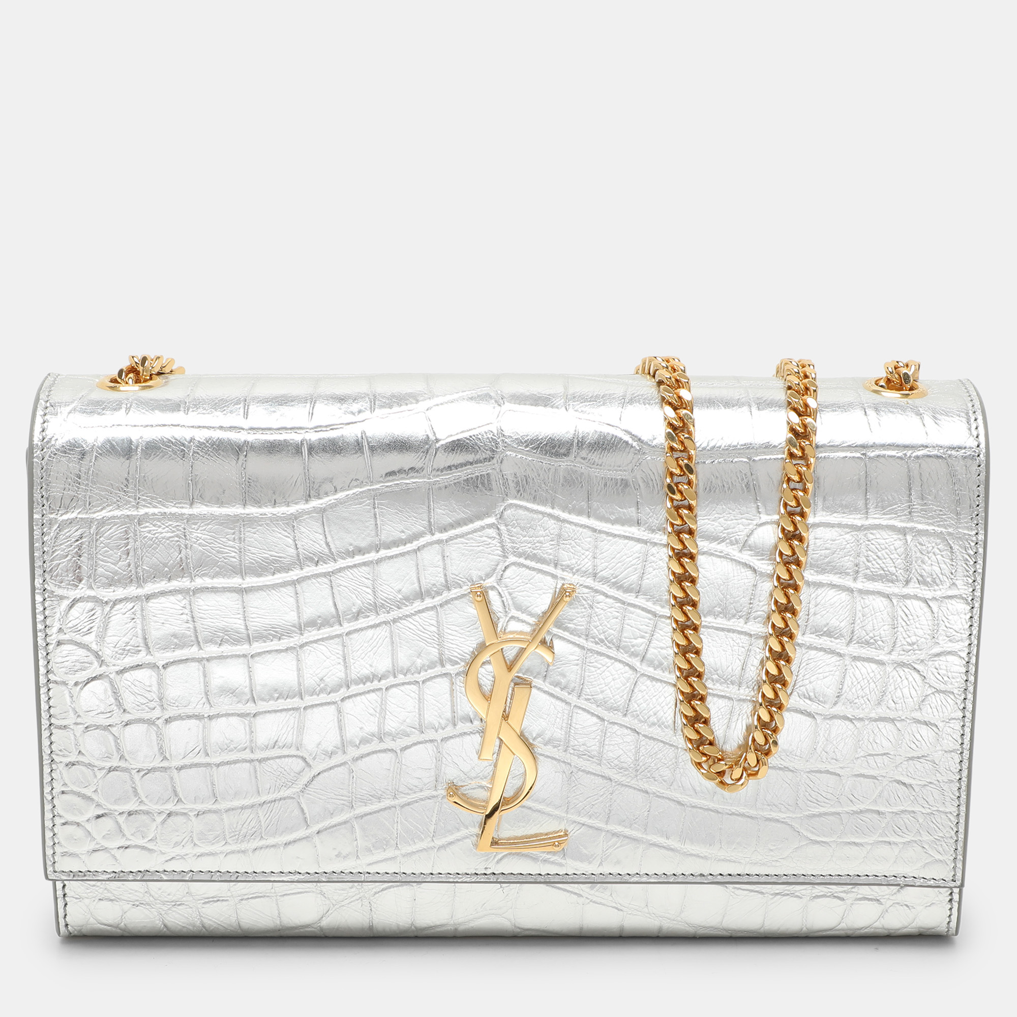 

Saint Laurent Silver Croc Embossed Leather  Monogram Kate Shoulder Bag