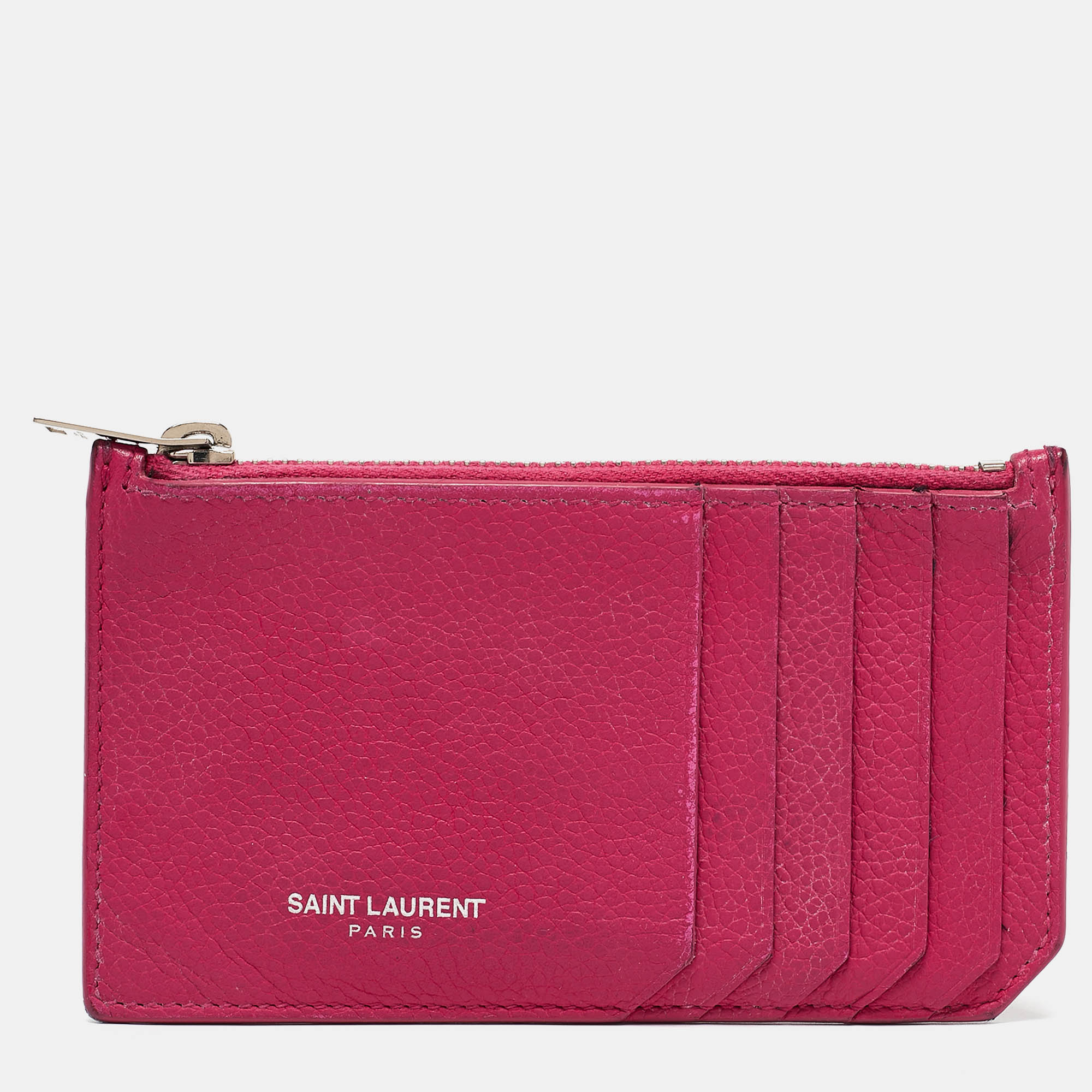 

Saint Laurent Fuchsia Leather Zip Card Holder, Pink