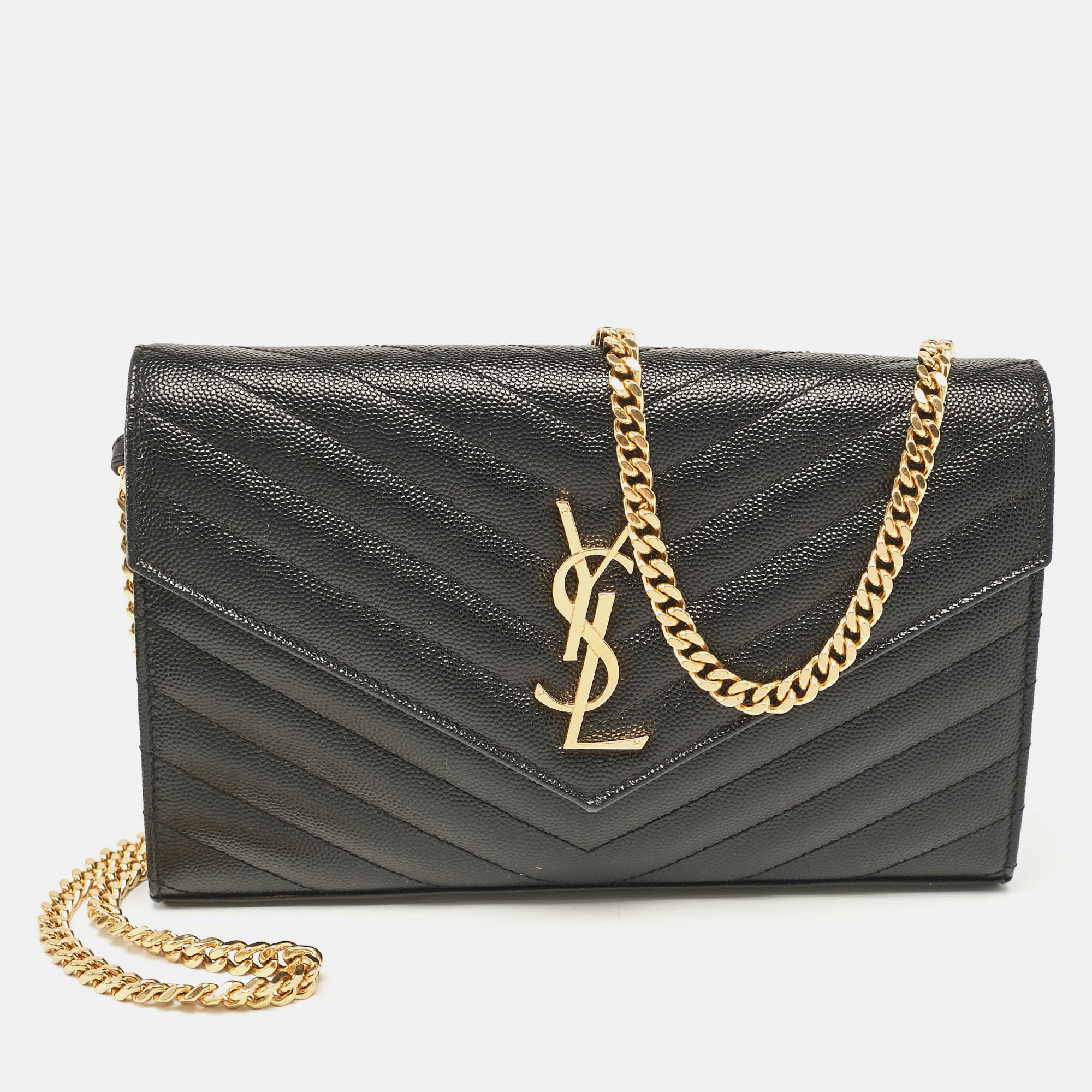 

Saint Laurent Black Matelassé Leather Cassandre Envelope Chain Clutch