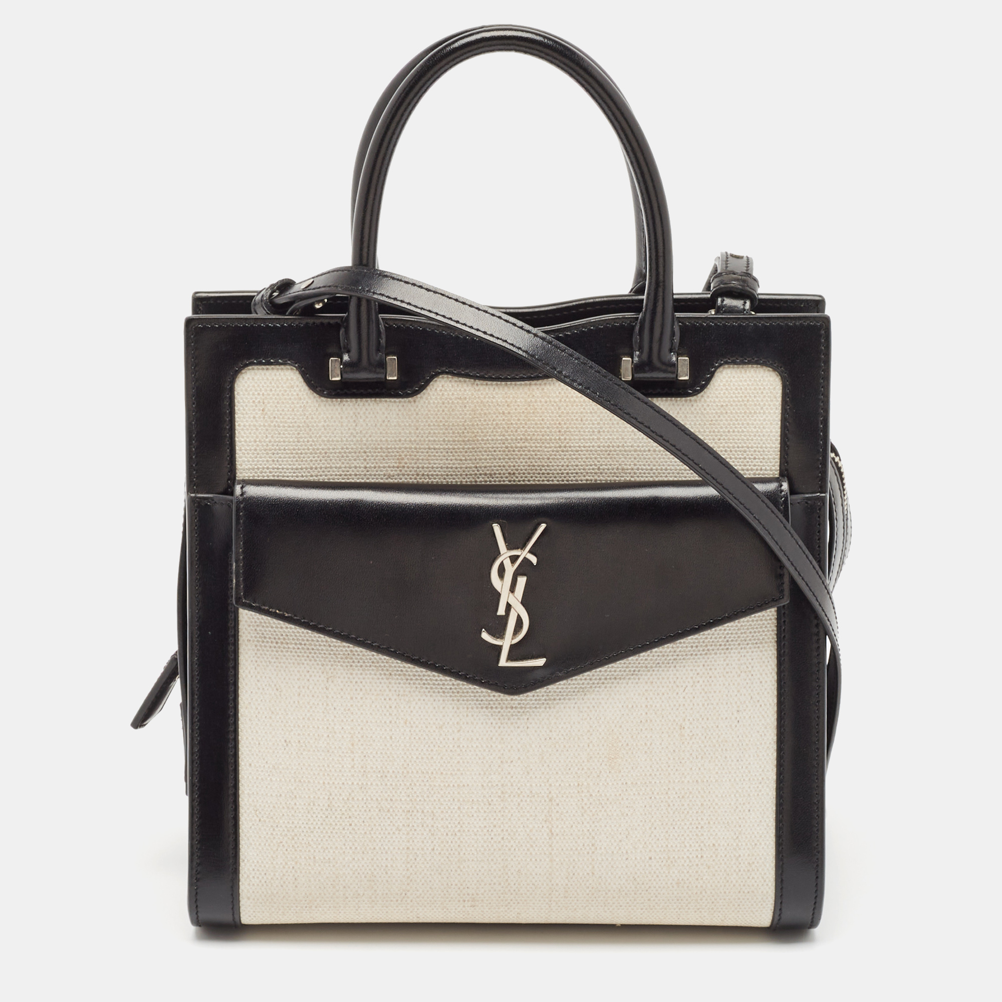 

Saint Laurent Black/White Canvas and Leather Small Uptown Tote