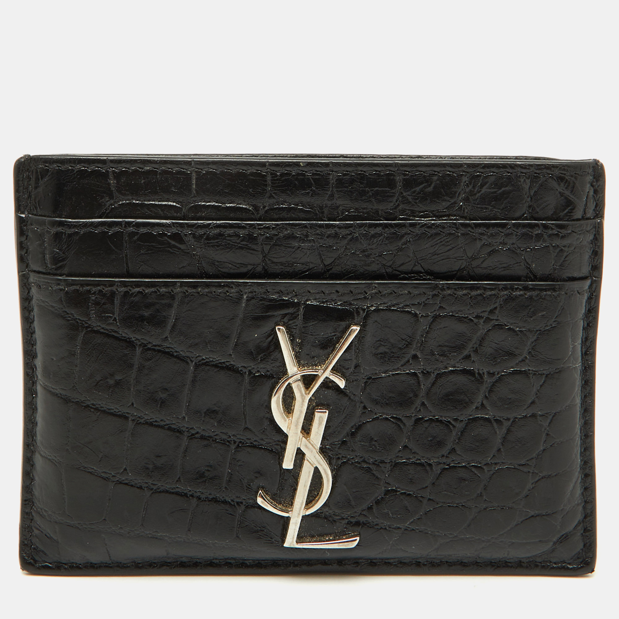 

Saint Laurent Black Croc Embossed Leather Monogram Card Holder