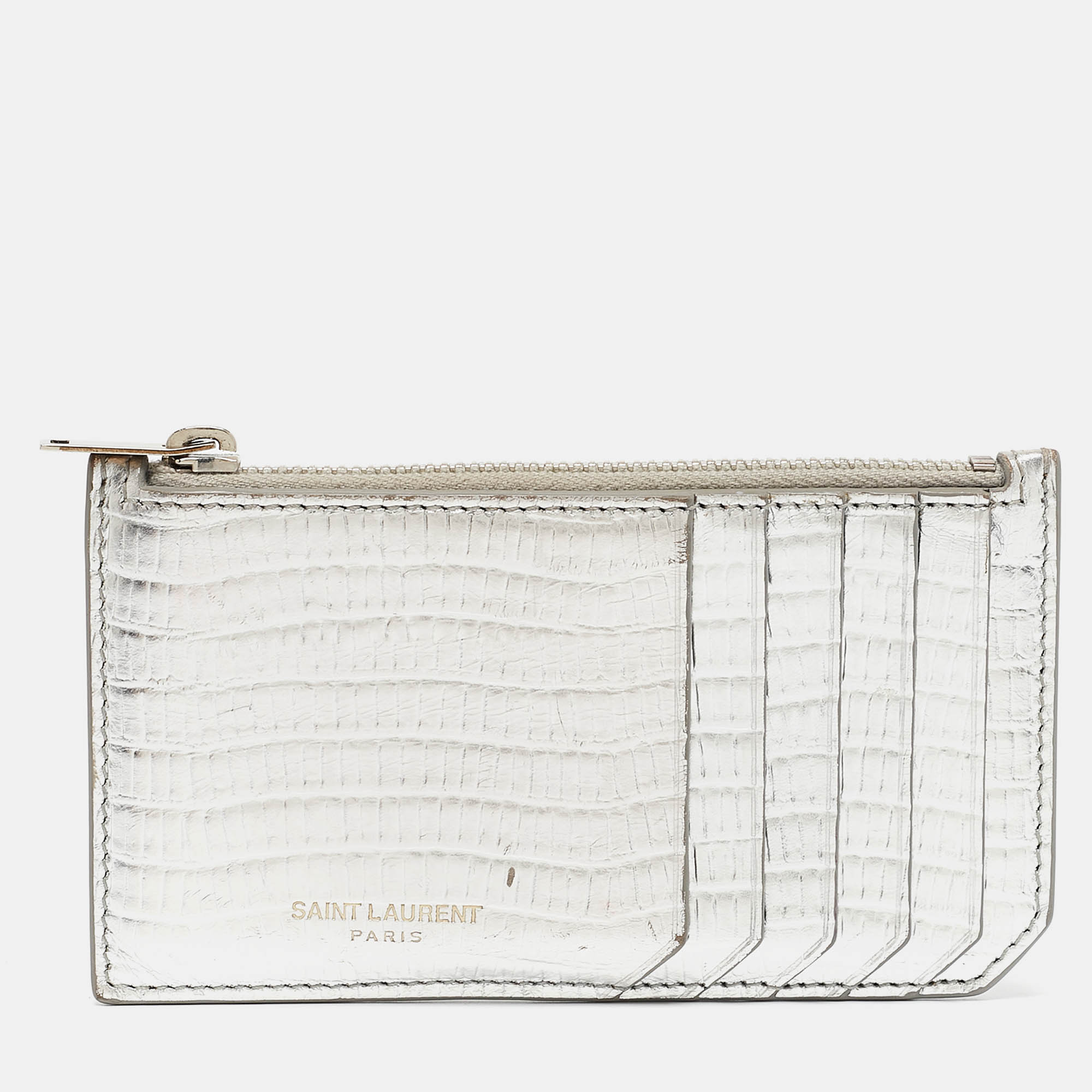 

Saint Laurent Silver Textured Leather Zip Card Holder