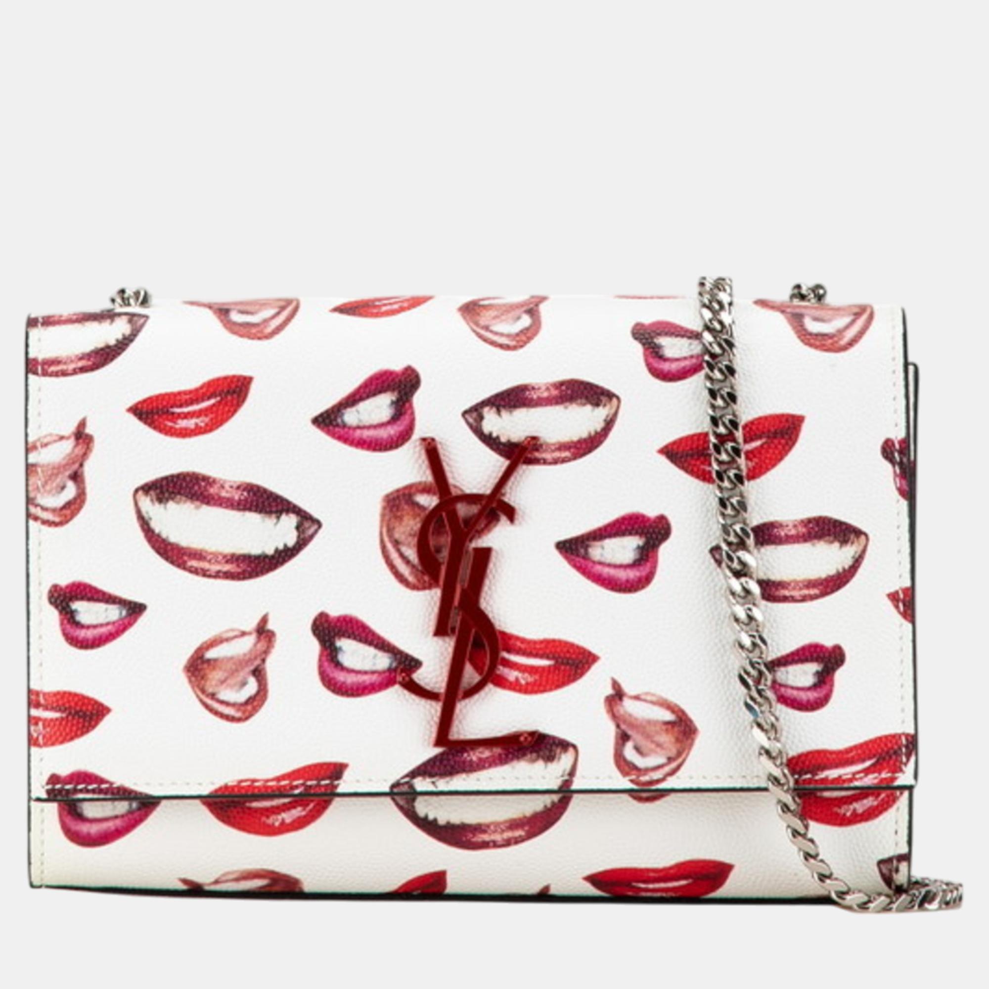 

Saint Laurent Ysl Kate Lip Print Chain Shoulder Bag White Red Leather