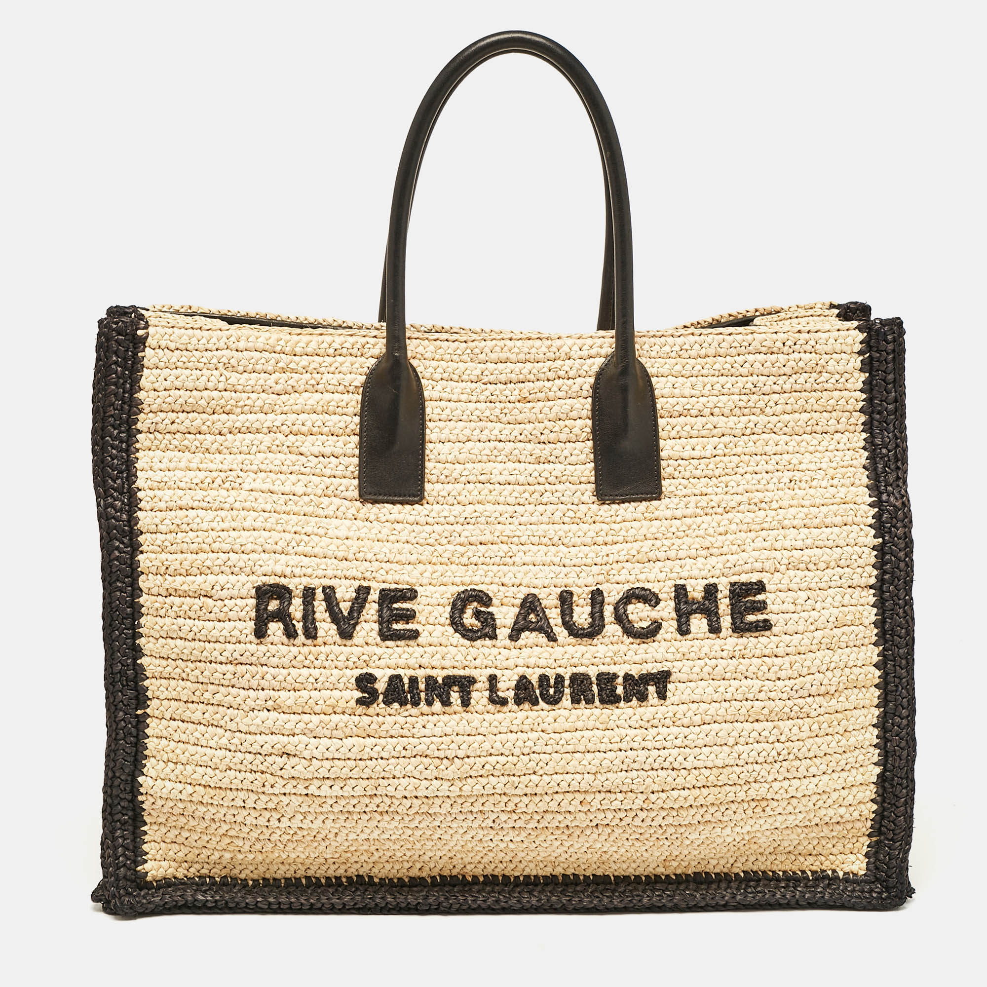 

Saint Laurent Black/Natural Woven Straw  Rive Gauche Tote, Tan