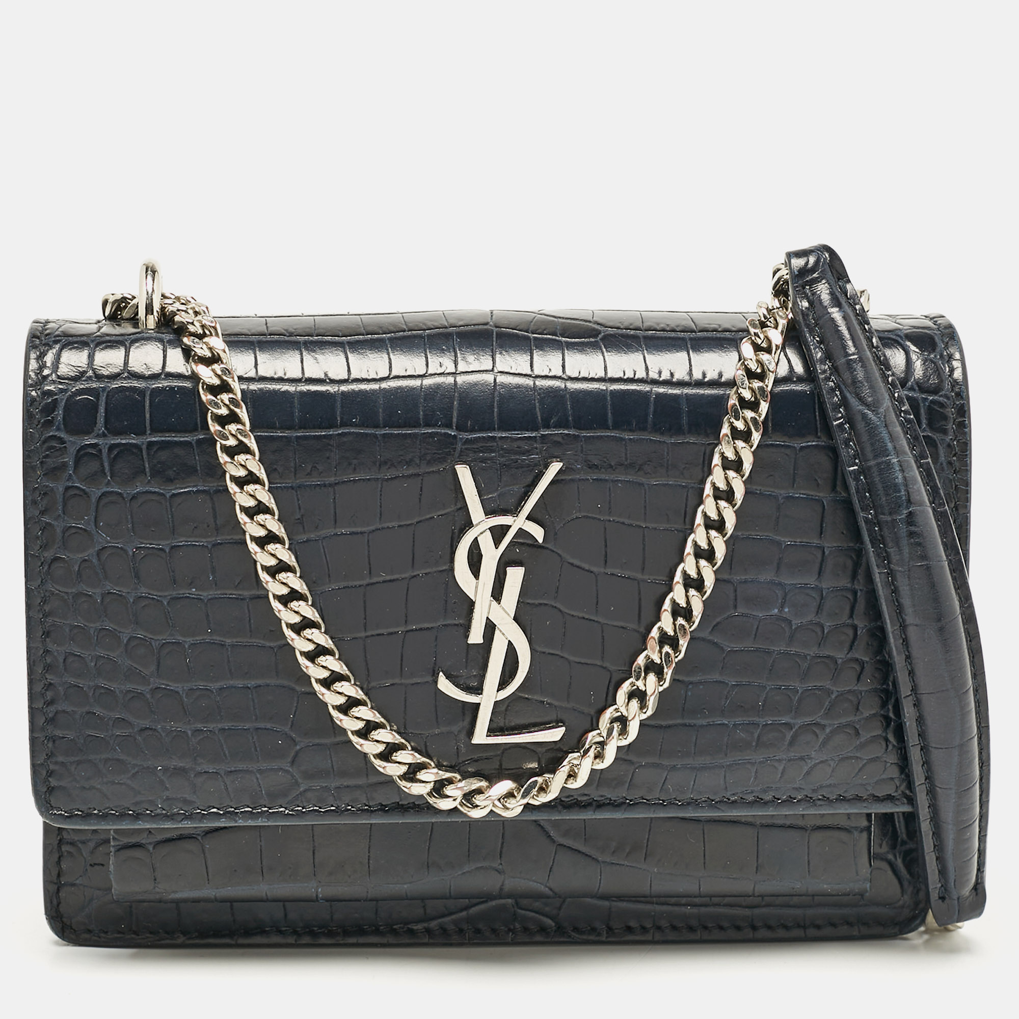 

Saint Laurent Navy Blue Croc Embossed Leather Mini Sunset Chain Bag