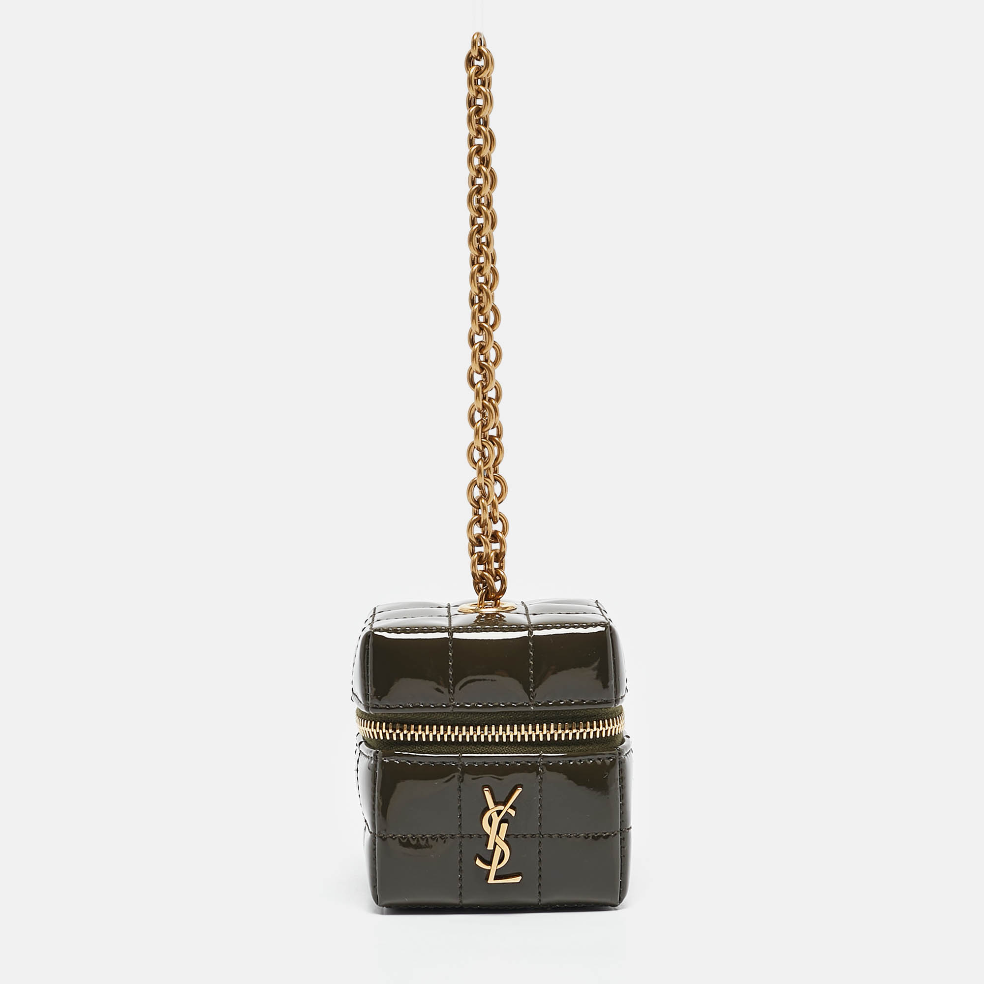 

Saint Laurent Green Cube Quilted Patent Leather Mini Carré on Chain