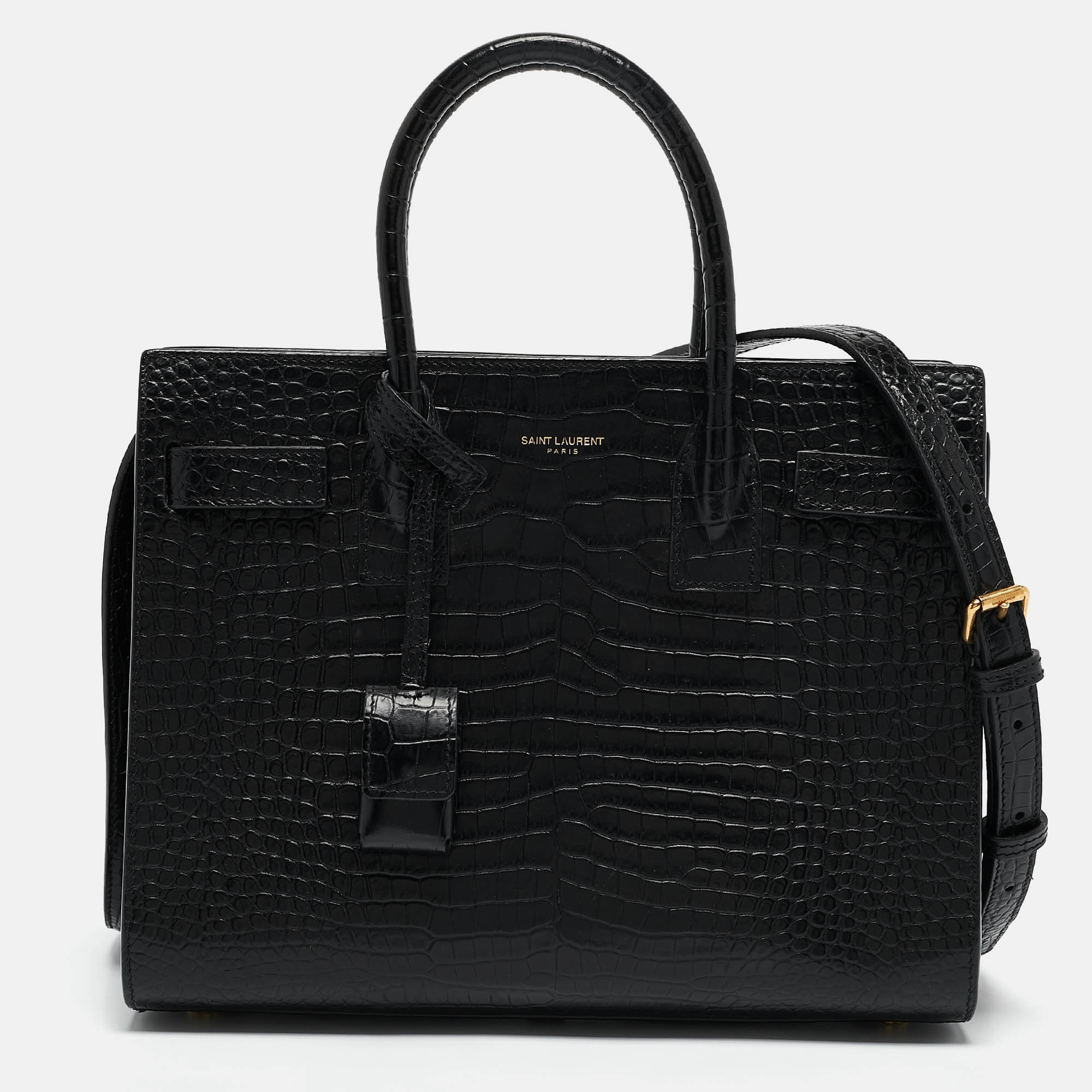 

Saint Laurent Black Croc Embossed Leather Baby Classic Sac De Jour Tote