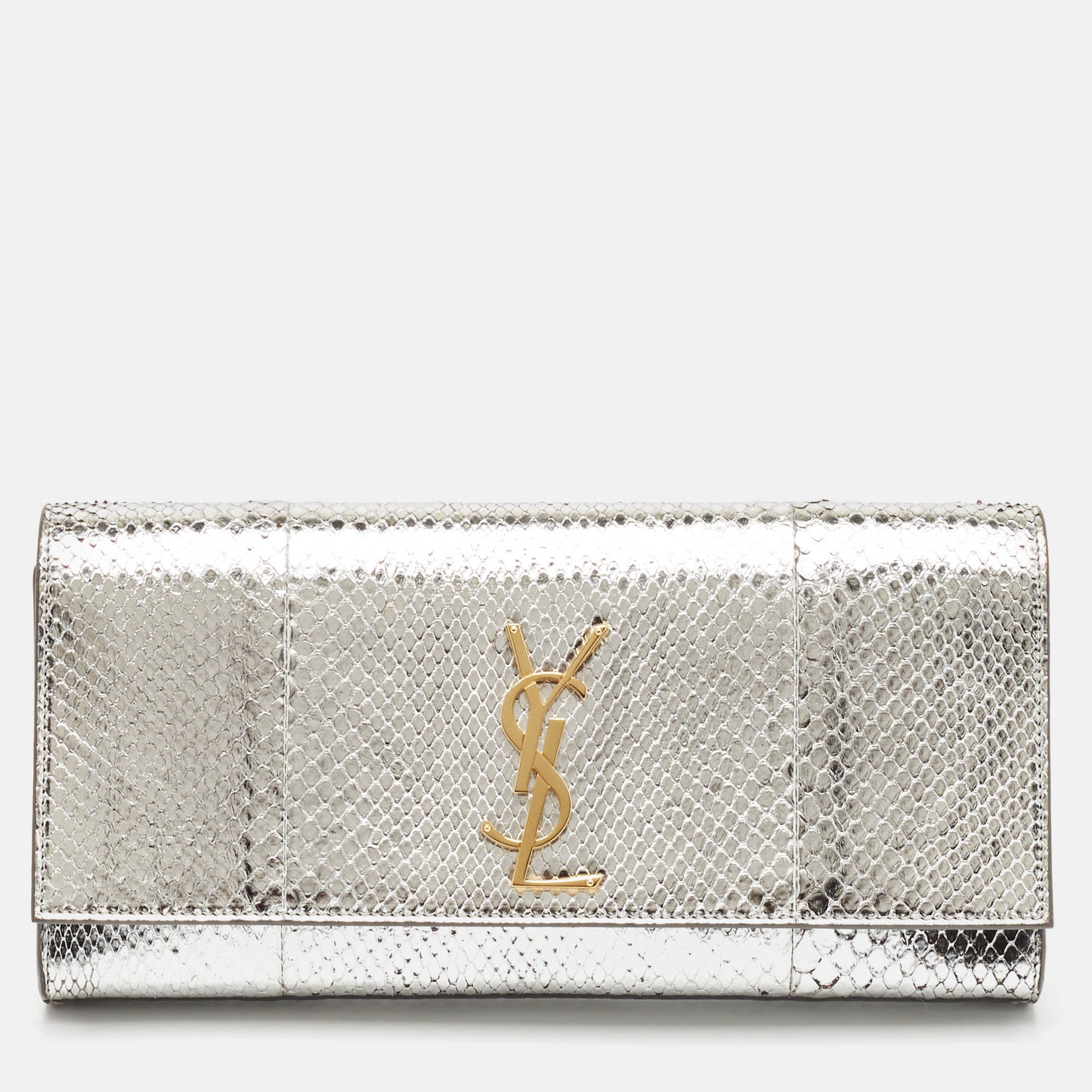 

Saint Laurent Silver Python Kate Monogram Clutch