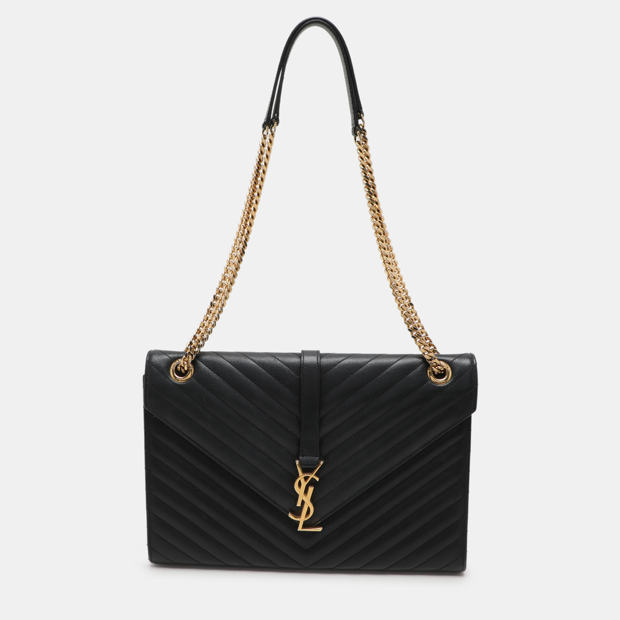 

Saint Laurent Black Chevron Leather  Monogram Envelope Shoulder Bag