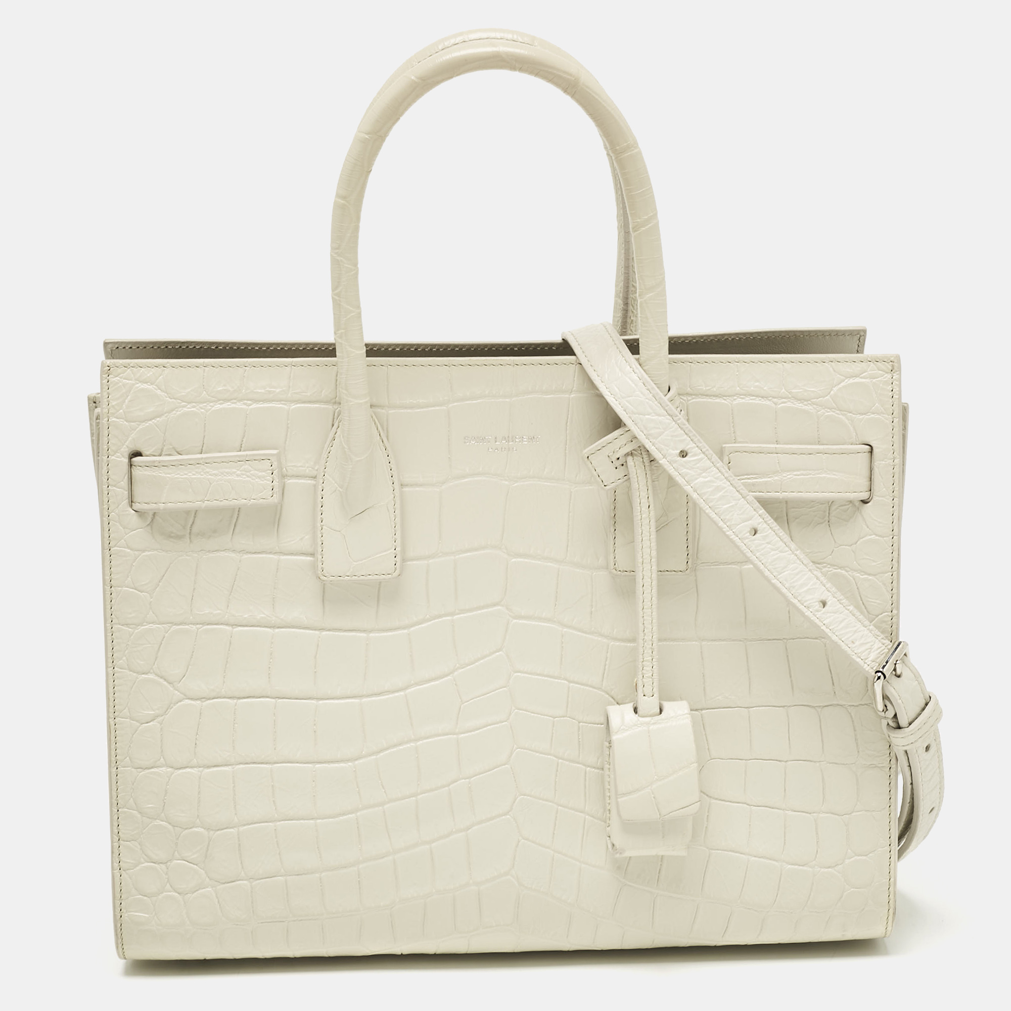 

Saint Laurent White Croc Embossed Leather Baby Classic Sac De Jour Tote