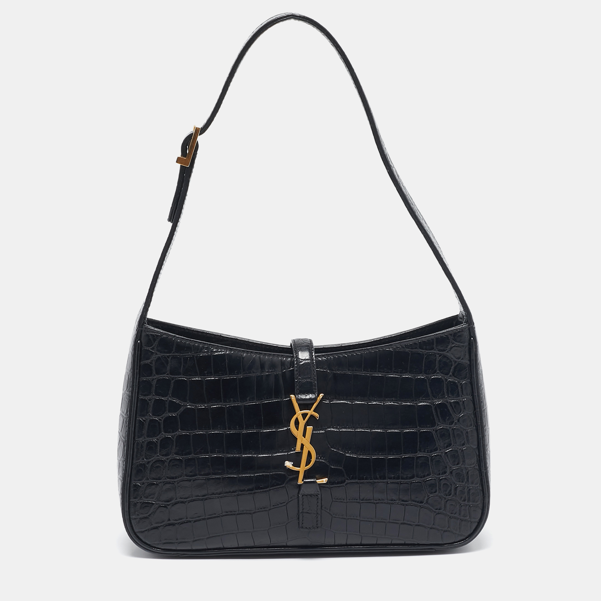 

Saint Laurent Black Croc Embossed Leather LE 5 À 7 Shoulder Bag