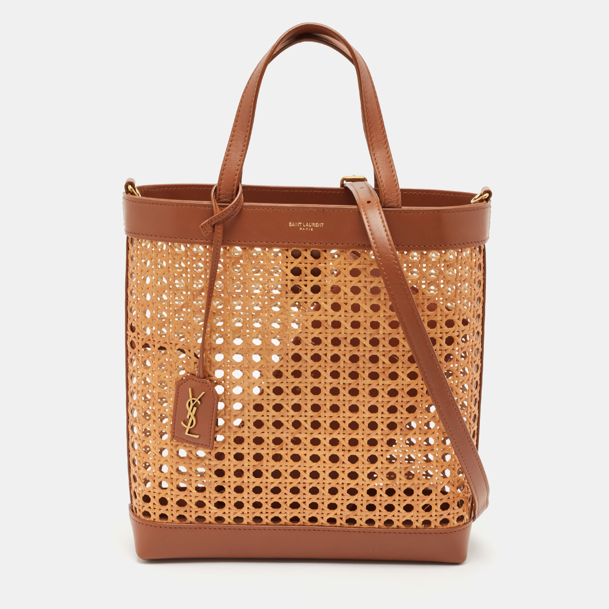 

Saint Laurent Brown Woven Rattan and Leather Toy Tote