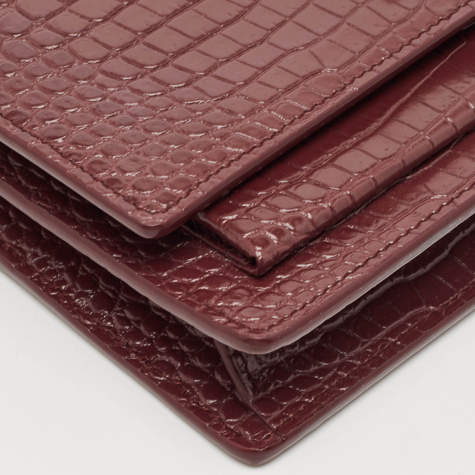 Saint Laurent Burgundy Croc Embossed Leather Sunset Wallet On Chain 