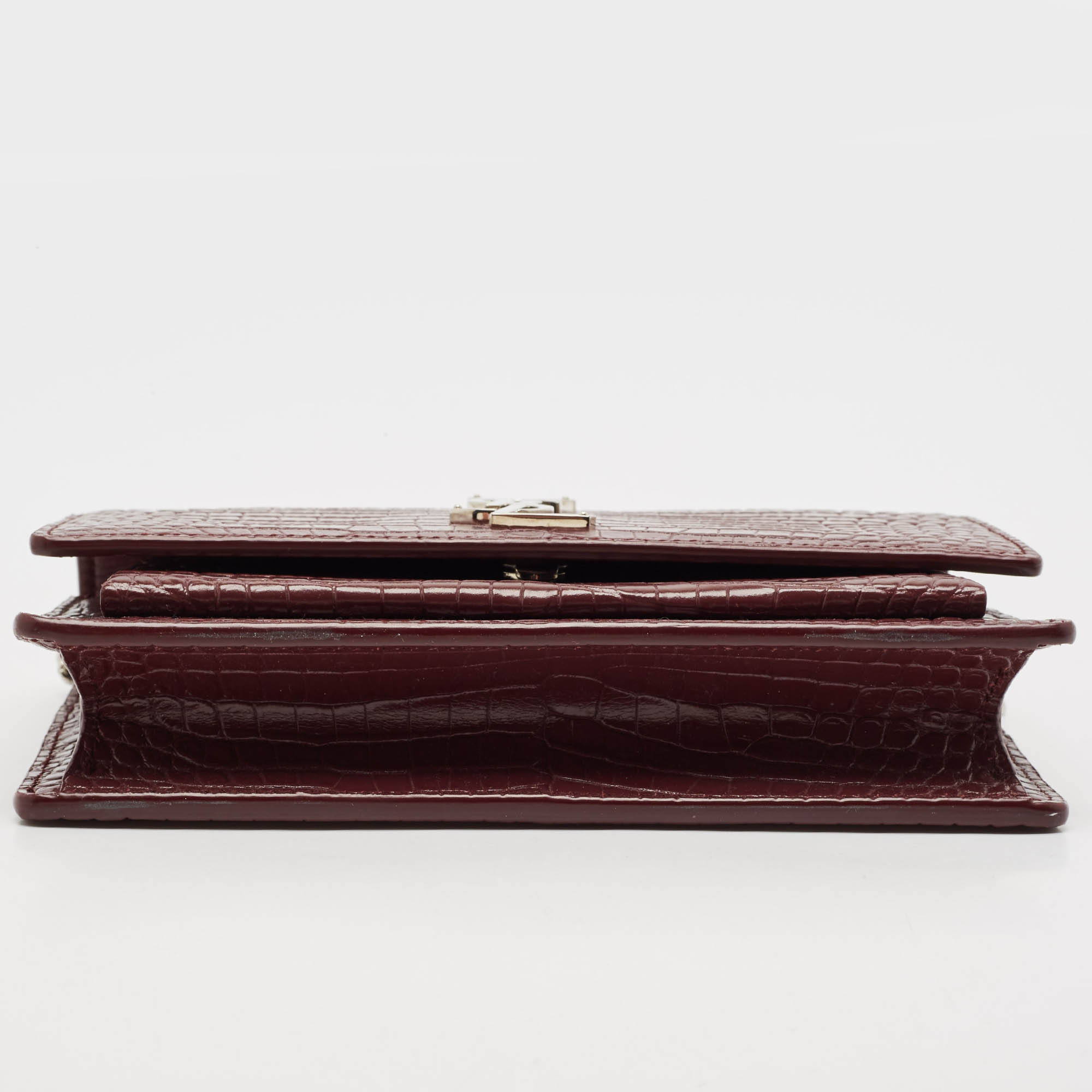 Saint Laurent Burgundy Croc Embossed Leather Sunset Wallet On Chain 
