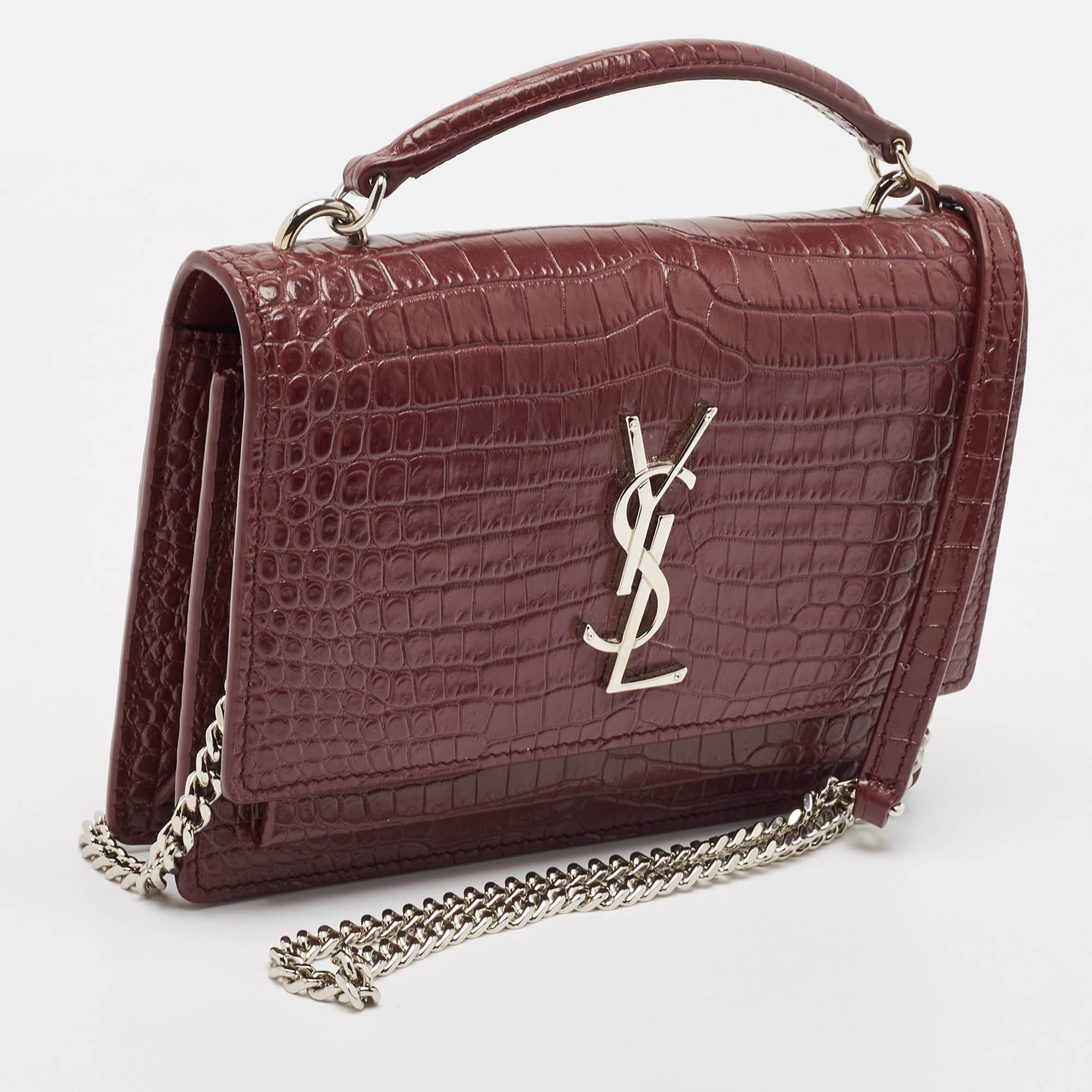 Saint Laurent Burgundy Croc Embossed Leather Sunset Wallet On Chain 