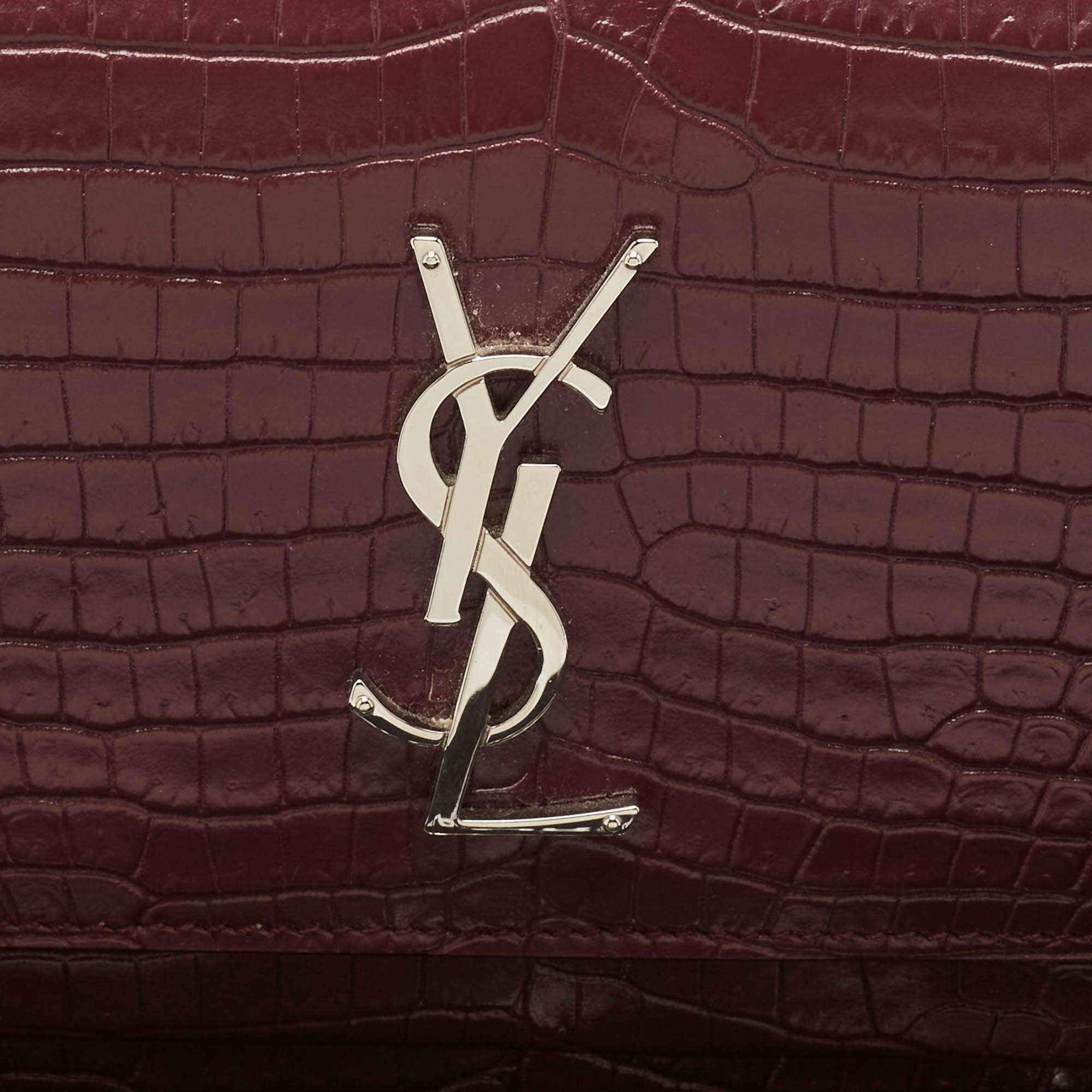 Saint Laurent Burgundy Croc Embossed Leather Sunset Wallet On Chain 