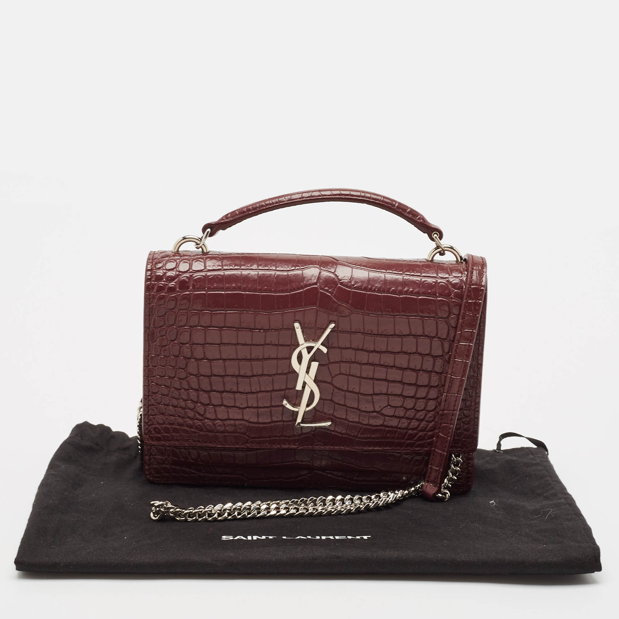 Saint Laurent Burgundy Croc Embossed Leather Sunset Wallet On Chain 