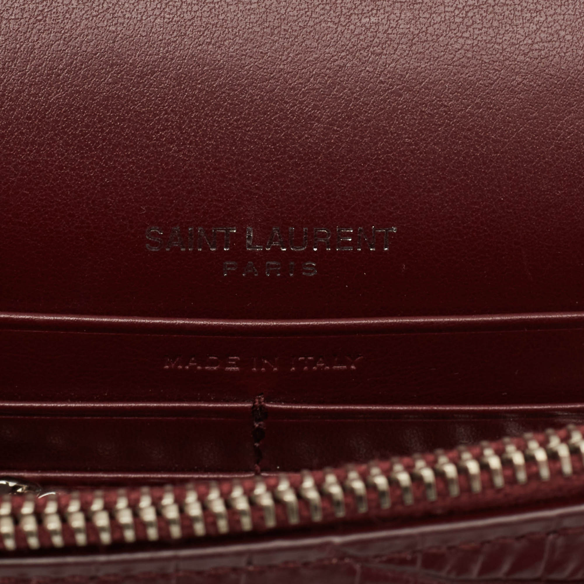 Saint Laurent Burgundy Croc Embossed Leather Sunset Wallet On Chain 