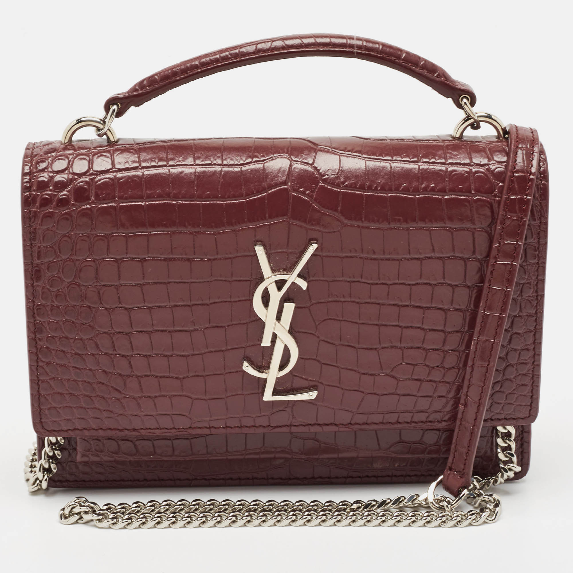 

Saint Laurent Burgundy Croc Embossed Leather Sunset Wallet On Chain