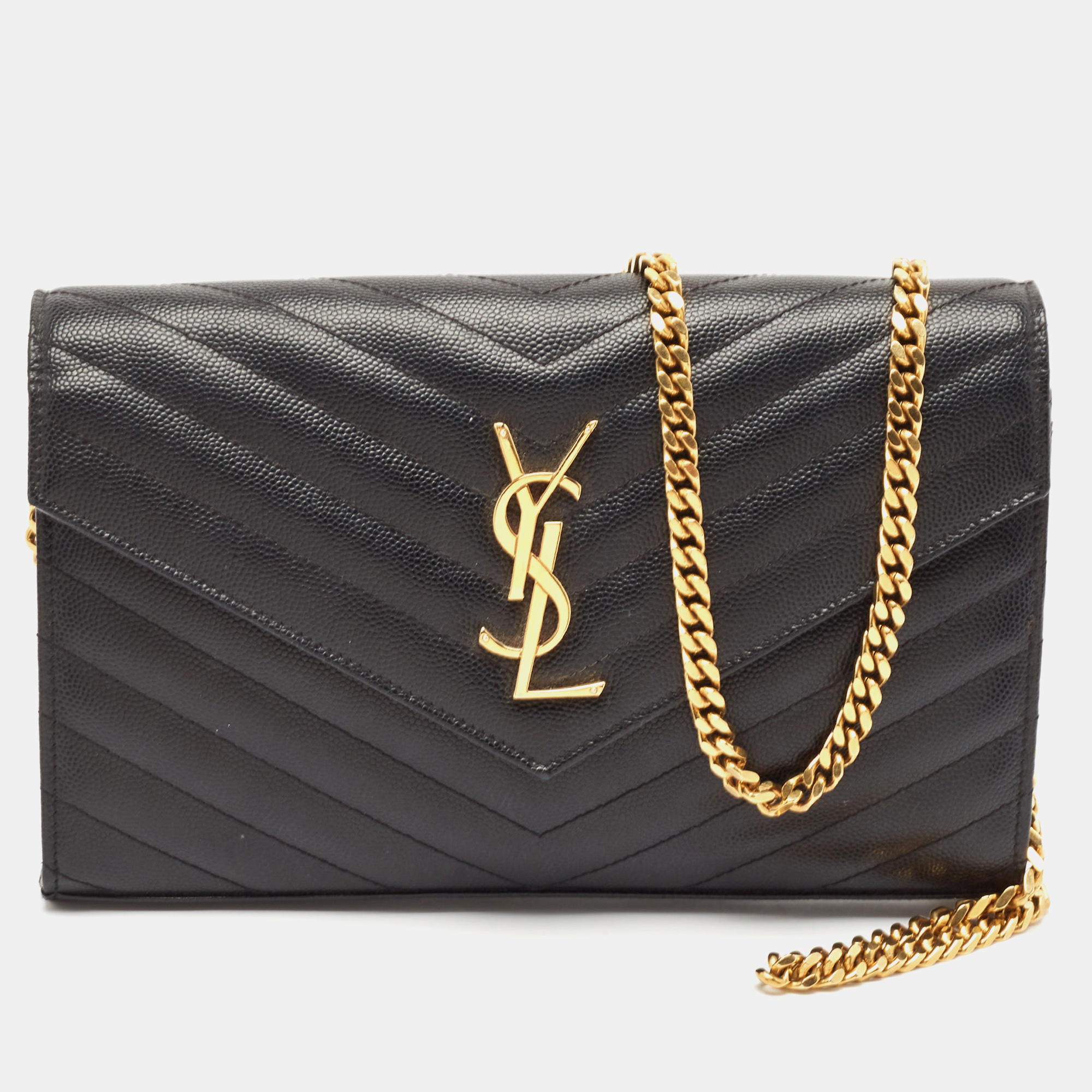 

Saint Laurent Black Leather Matelasse Cassandre Envelope Wallet on Chain