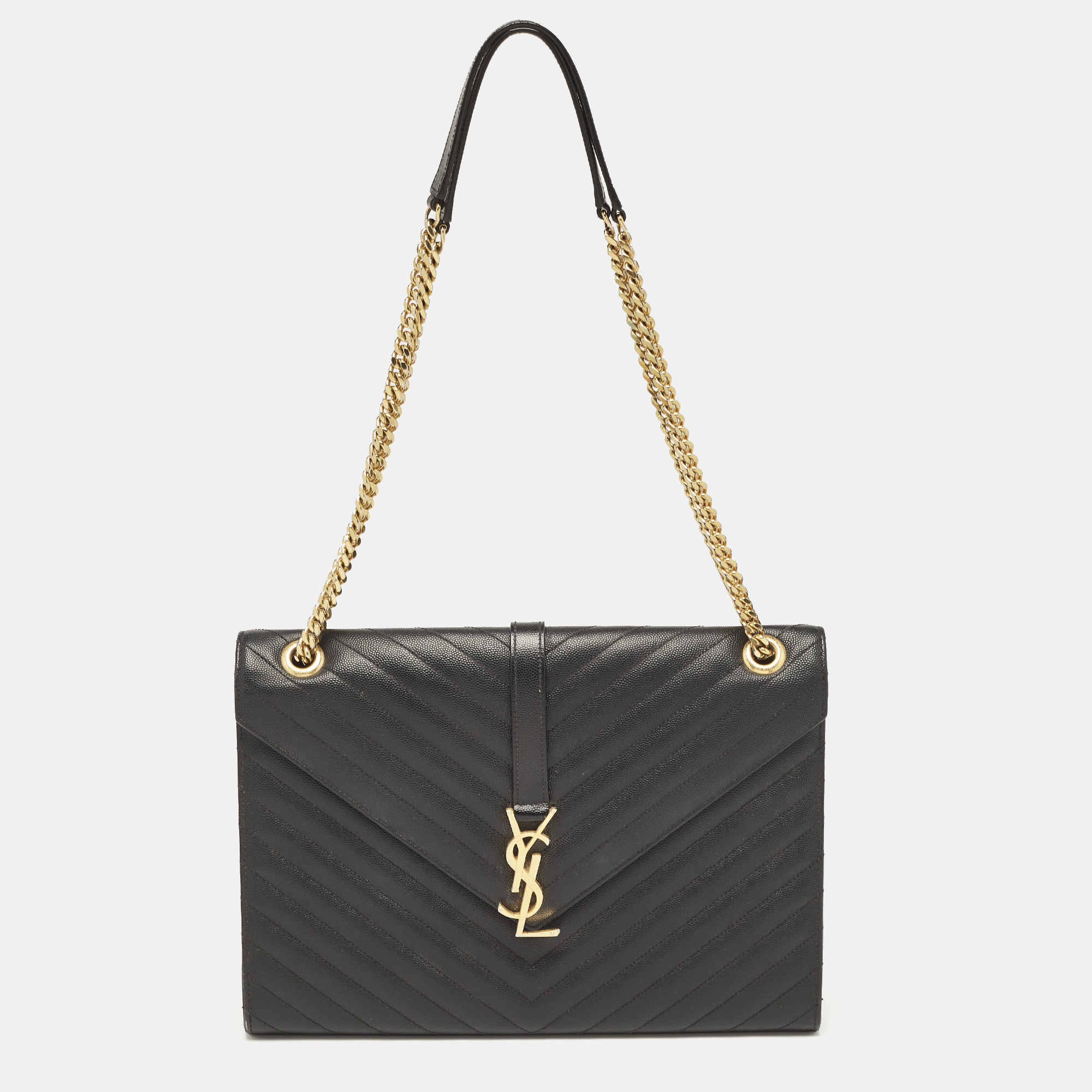 

Saint Laurent Black Chevron Leather  Monogram Envelope Shoulder Bag