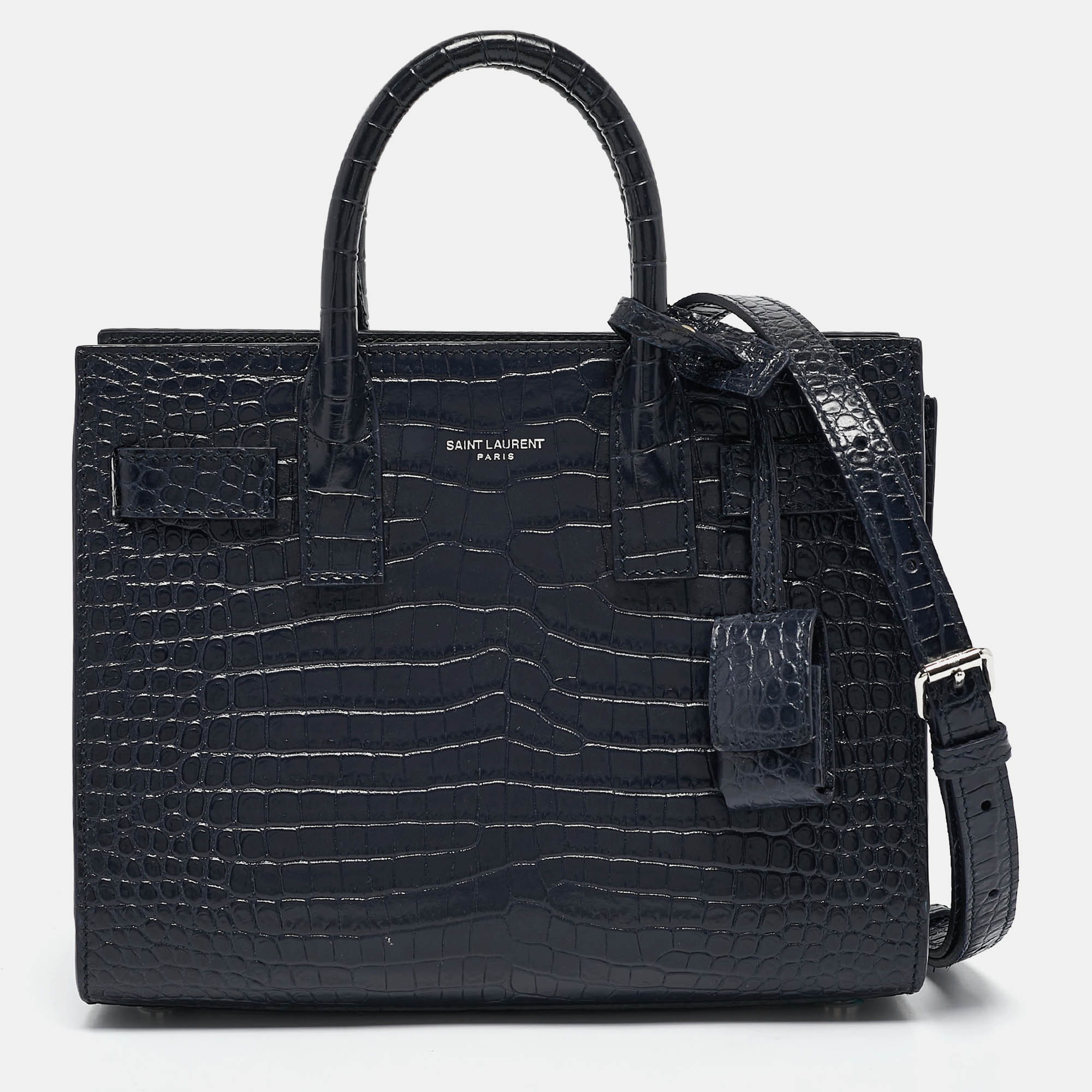 

Saint Laurent Navy Blue Croc Embossed Leather Nano Classic Sac De Jour Tote