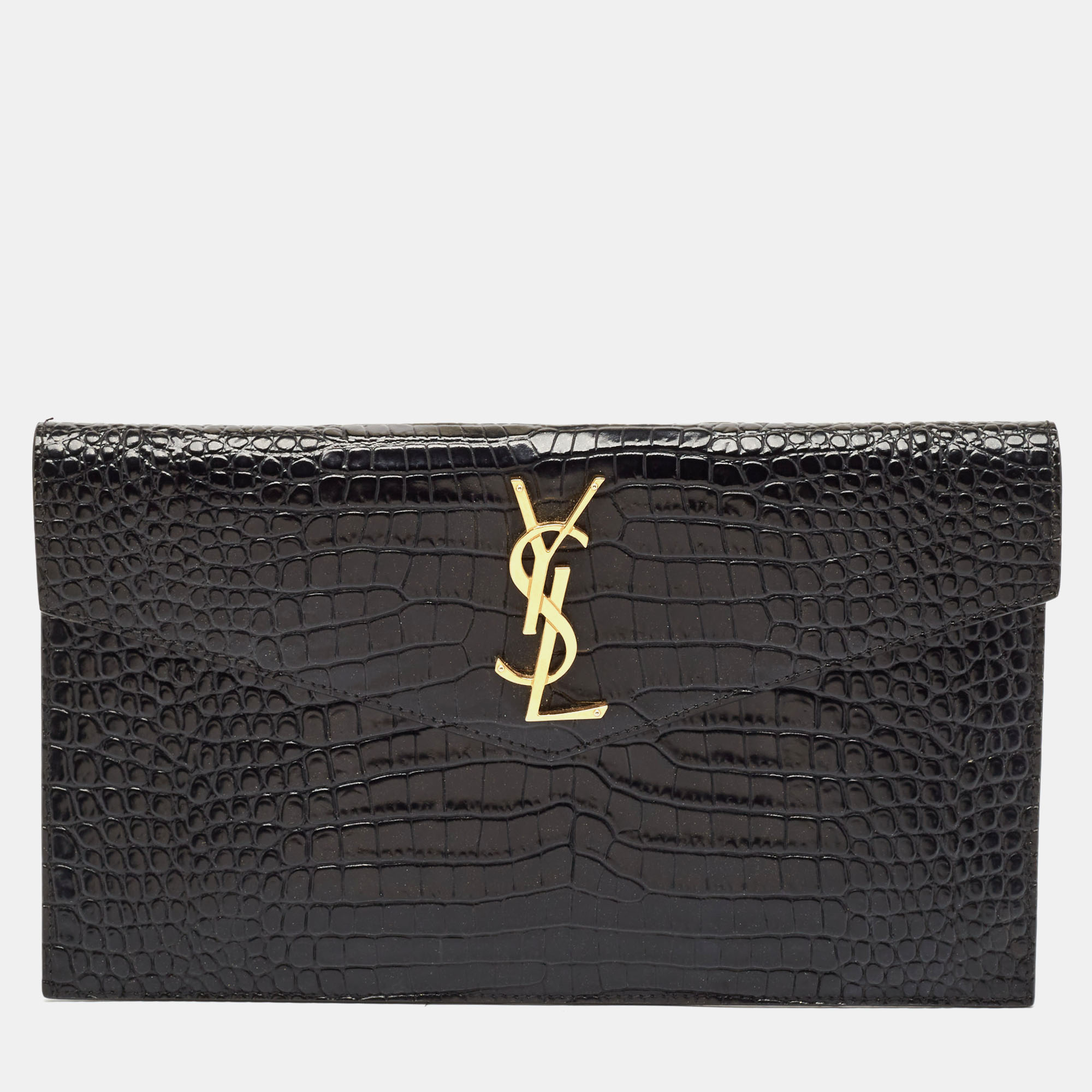 

Saint Laurent Black Croc Embossed Leather Uptown Pouch