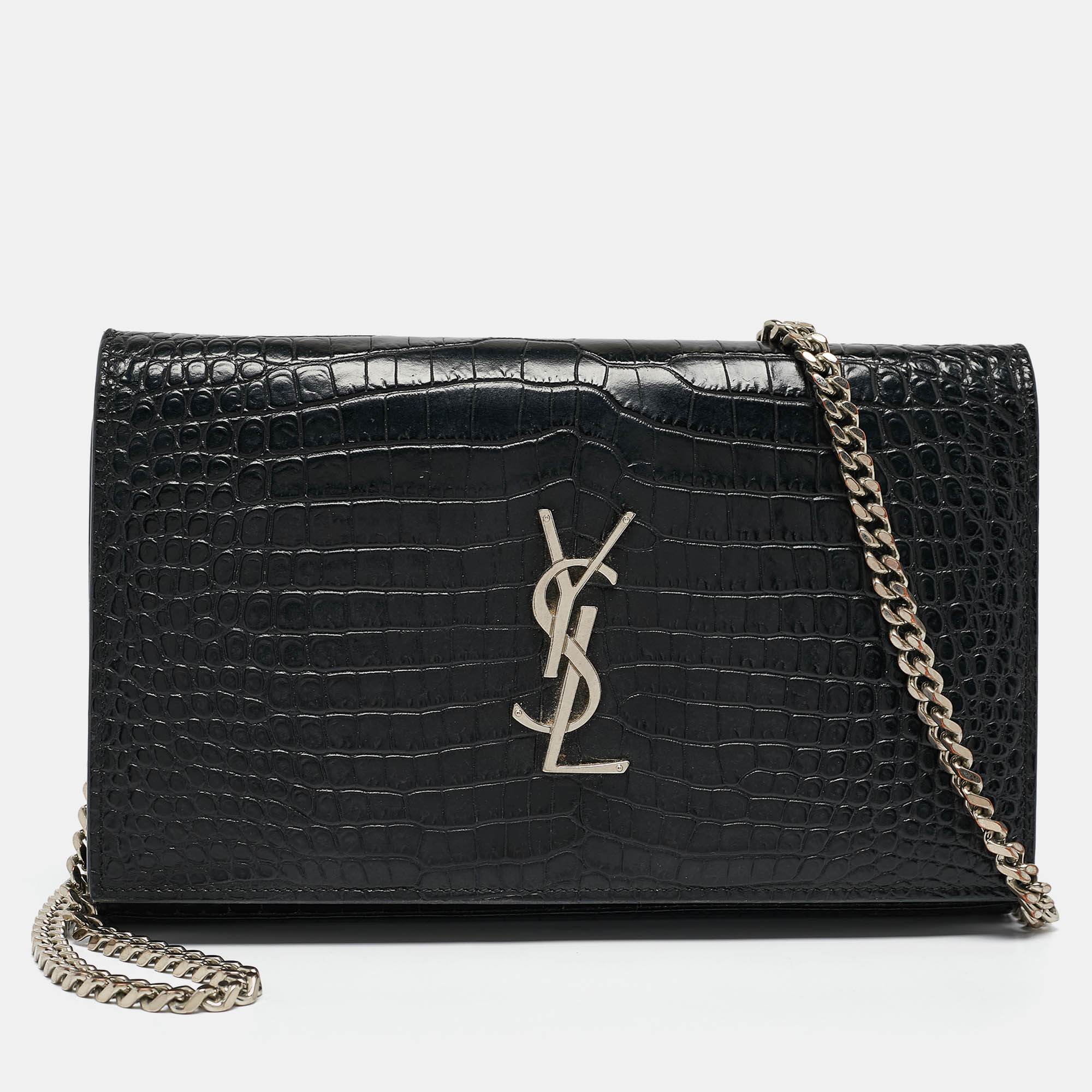 

Saint Laurent Black Croc Embossed Leather Monogram Wallet On Chain