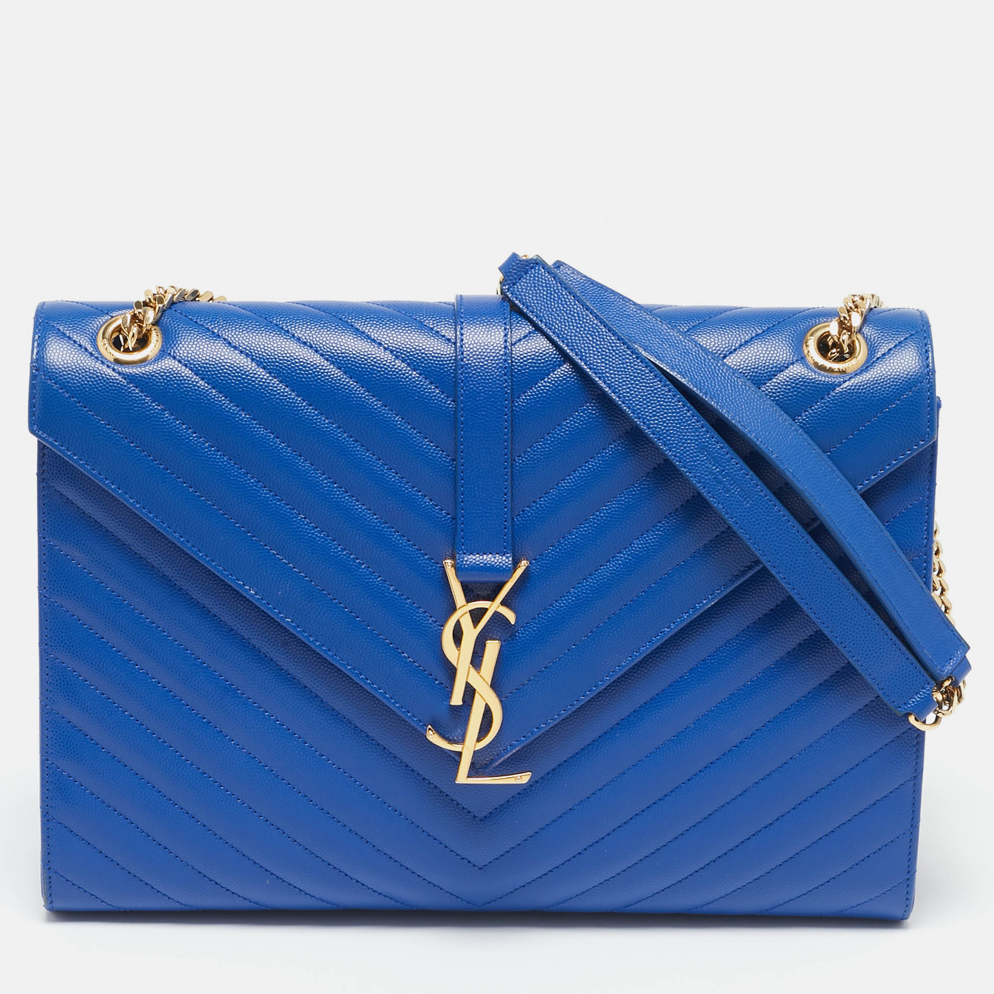 

Saint Laurent Blue Chevron Leather  Monogram Envelope Shoulder Bag