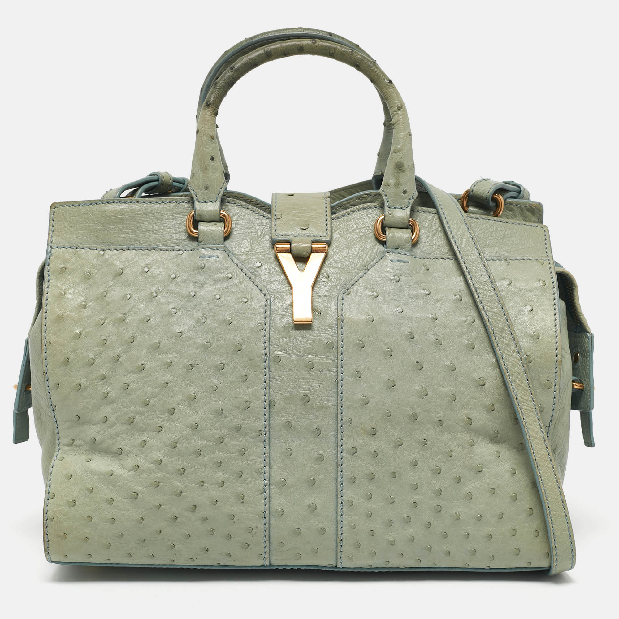 

Yves Saint Laurent Light Green Ostrich Leather Small Ligne Y Cabas Chyc Tote