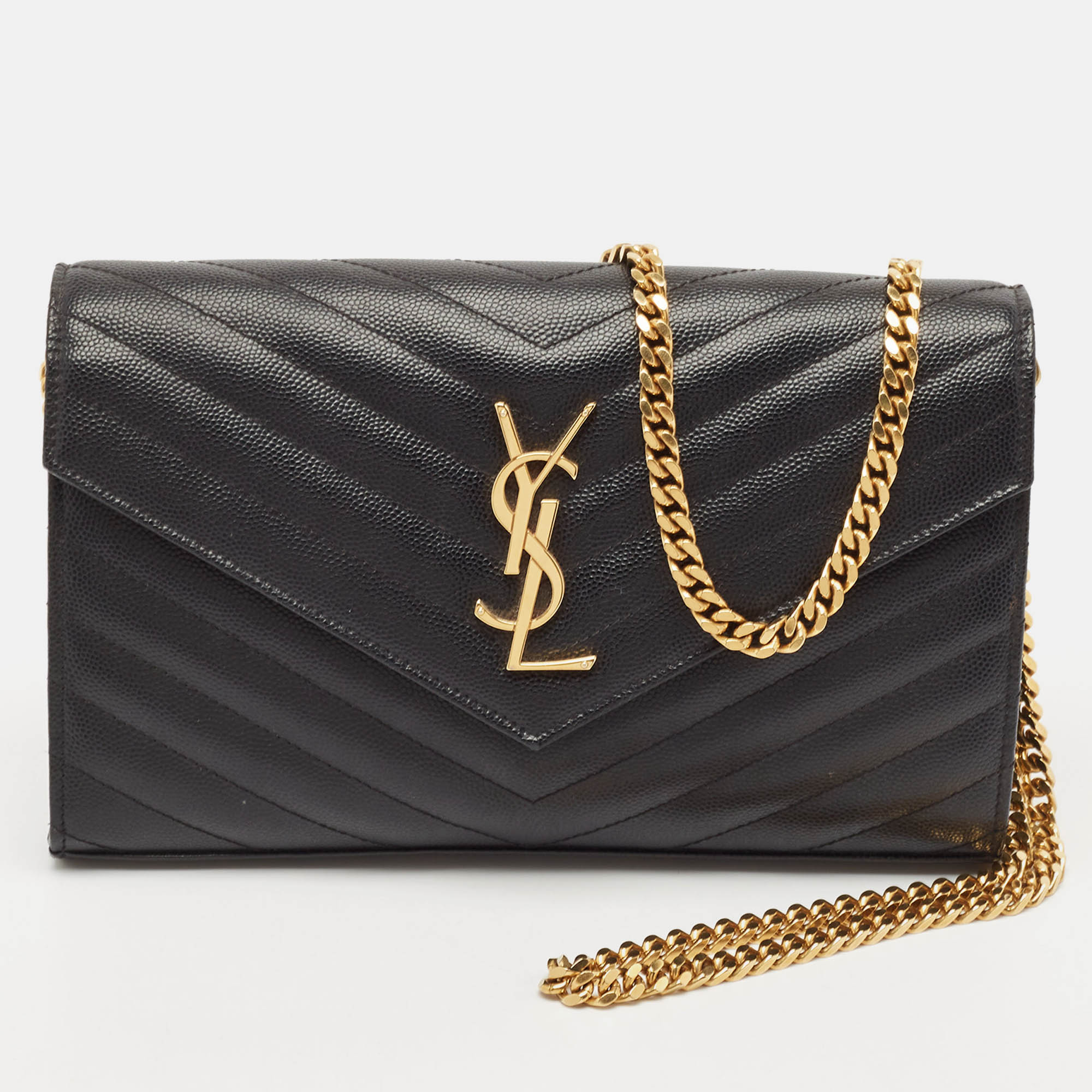 

Saint Laurent Black Matelassé Leather Monogram Wallet on Chain