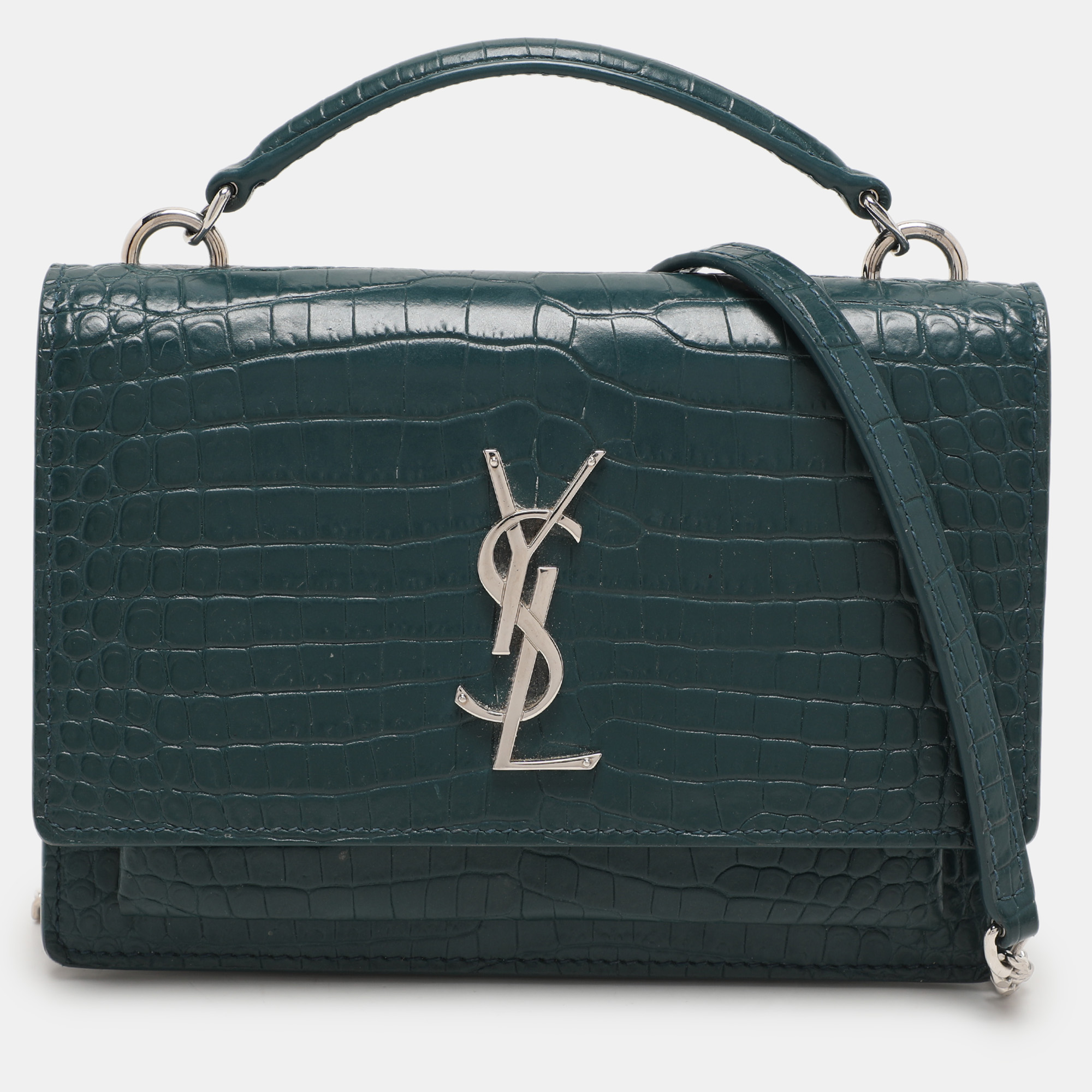 

Saint Laurent Paris Green Croc Embossed Leather Sunset Crossbody Bag