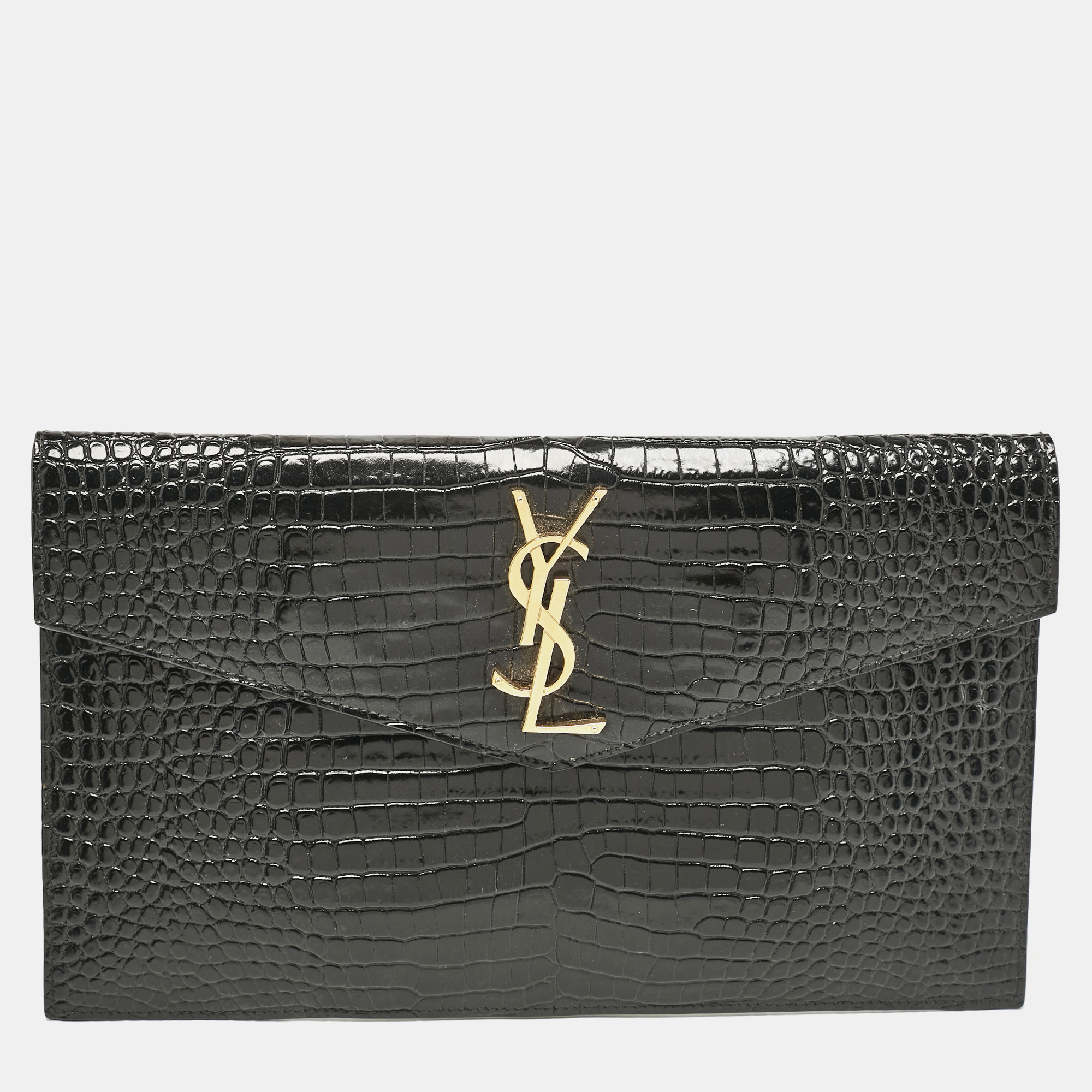 

Saint Laurent Black Croc Embossed Leather Uptown Clutch