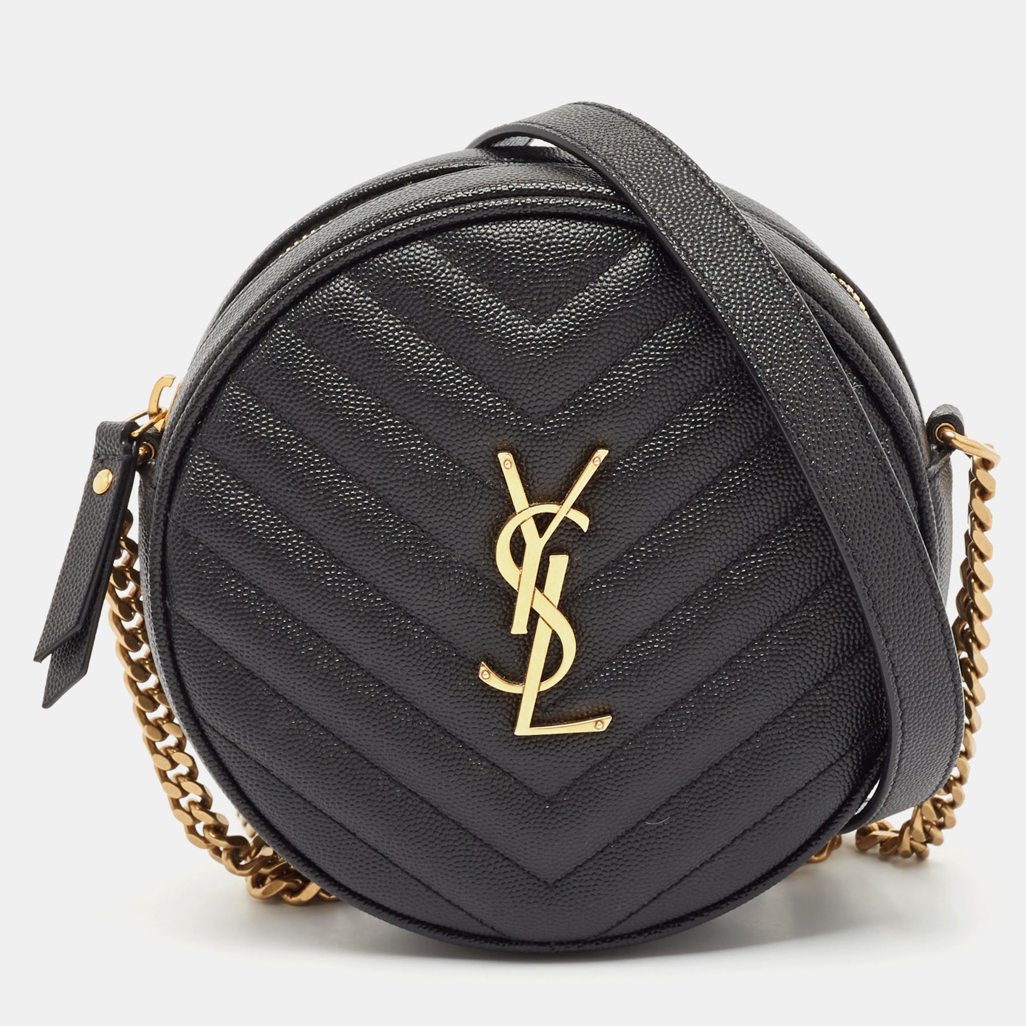 

Saint Laurent Black Quilted Leather Monogram Round Chain Bag