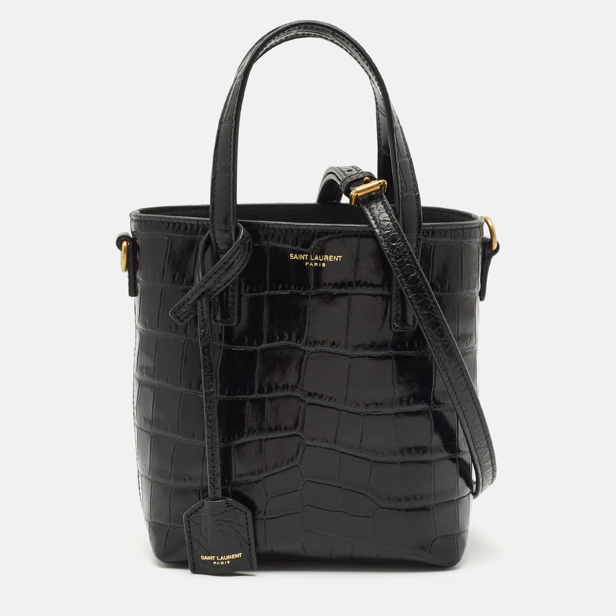 

Saint Laurent Black Croc Embossed Leather Mini Toy Bucket Bag