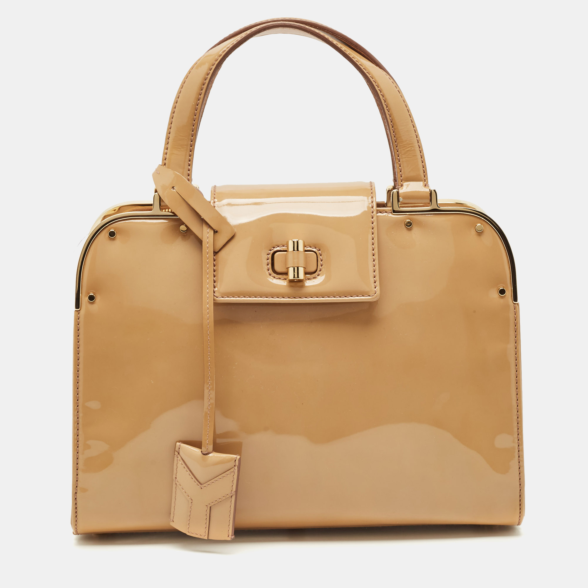 

Saint Laurent Beige Patent Leather Uptown Frame Satchel