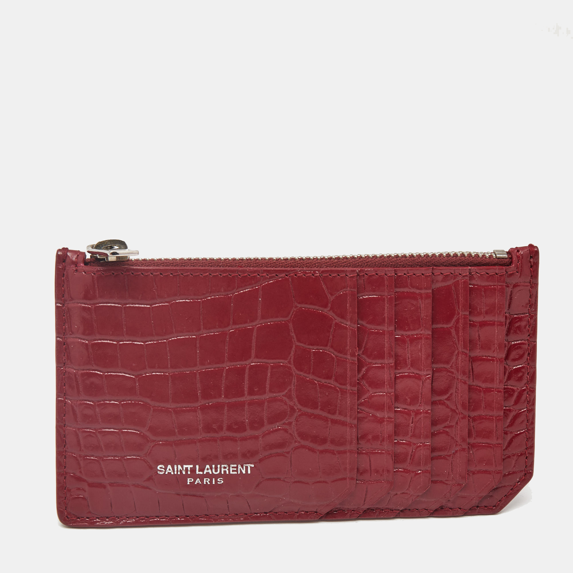 

Saint Laurent Burgundy Croc Embossed Leather Zip Card Holder