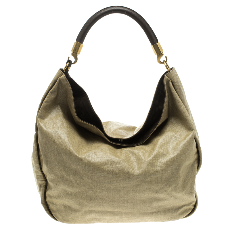 Saint Laurent Paris Beige Coated Canvas Roady Hobo