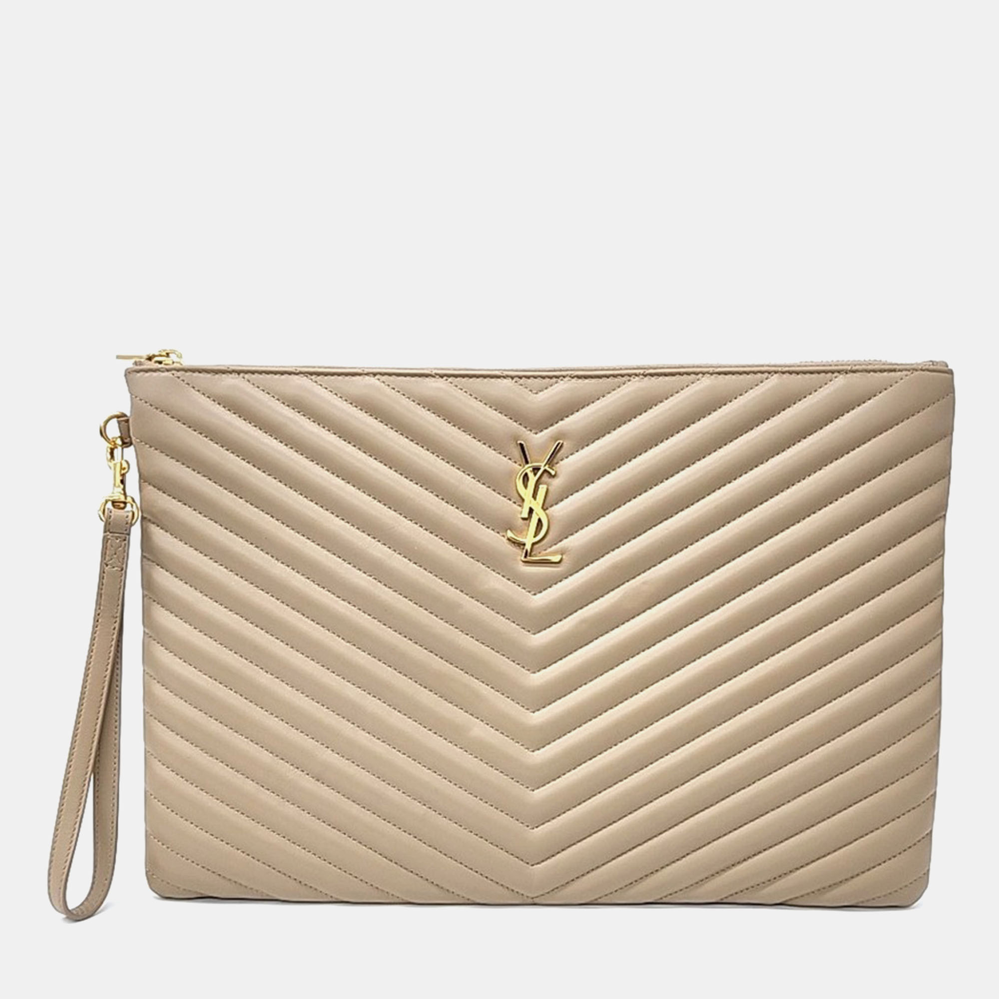 

Saint Laurent Paris Beige Leather Monogram Clutch