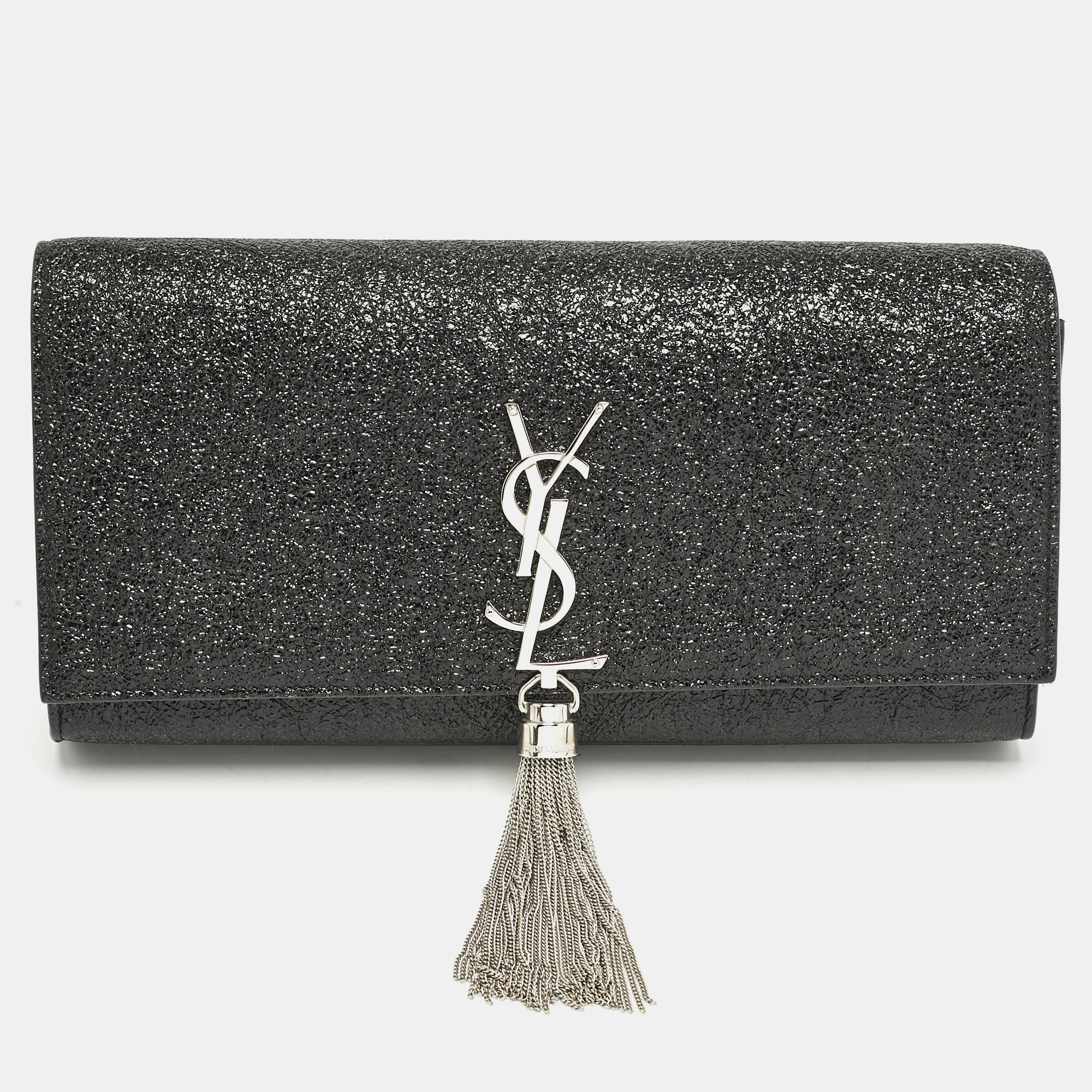 Pre-owned Saint Laurent Black Ceramic Effect Leather Cassandre Tassel Clutch