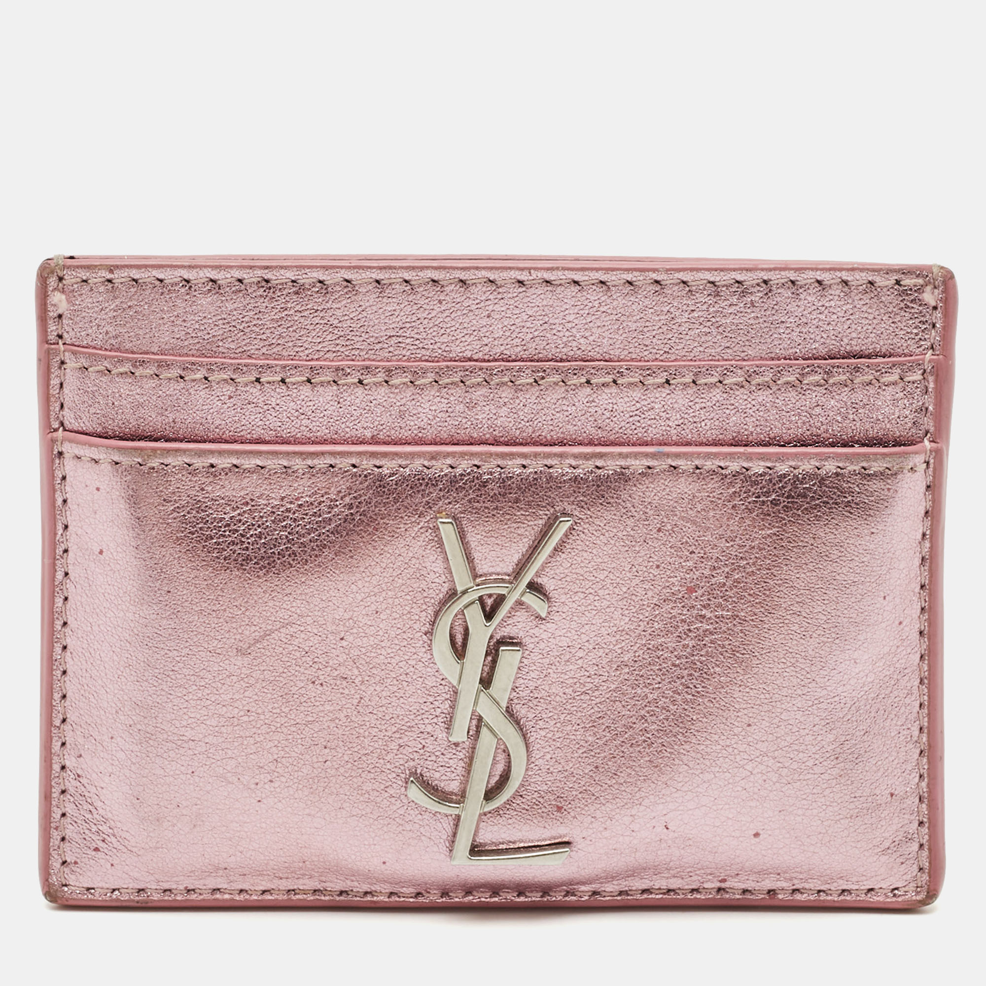 

Saint Laurent Metallic Pink Leather Monogram Card Case
