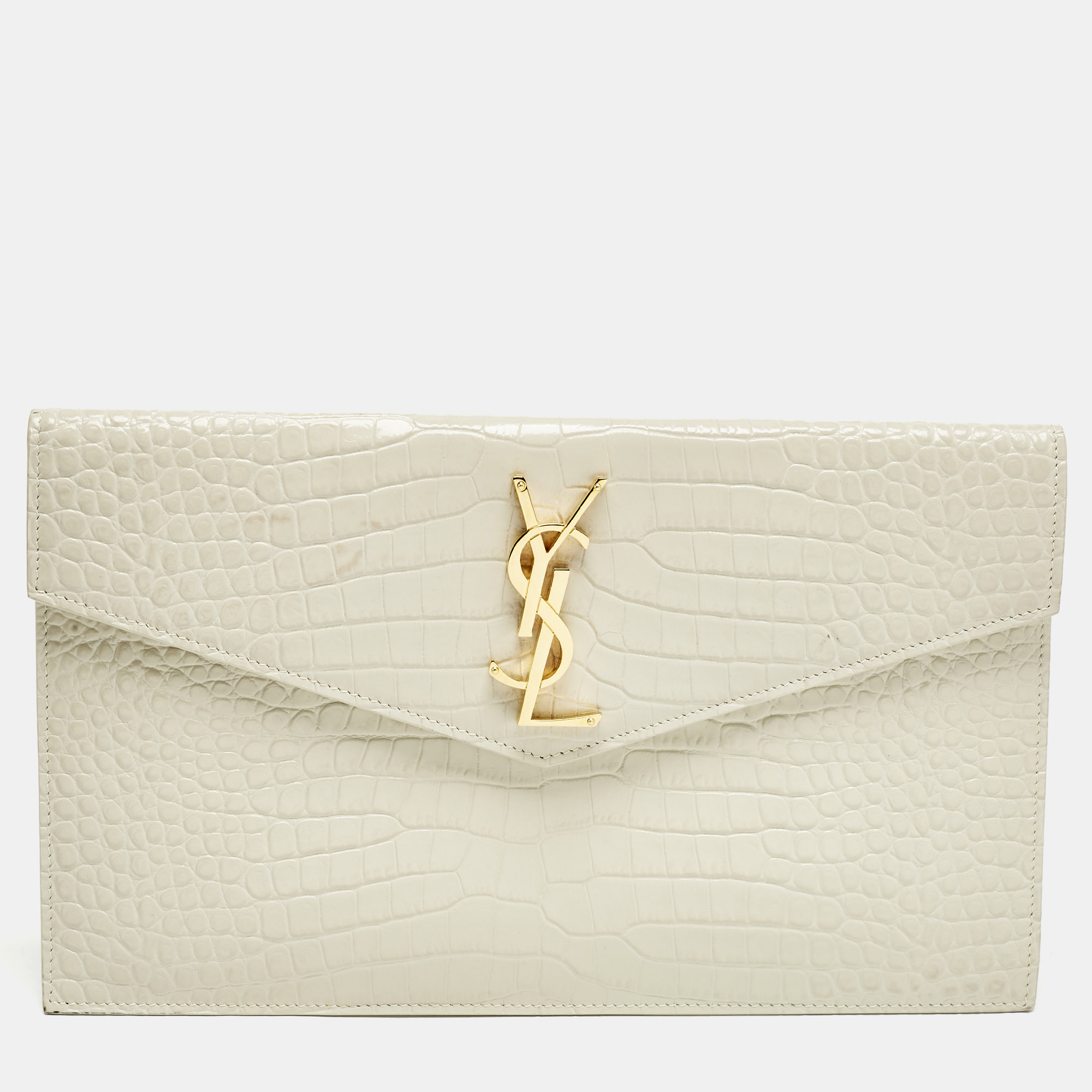 

Saint Laurent Cream Croc Embossed Leather Uptown Pouch
