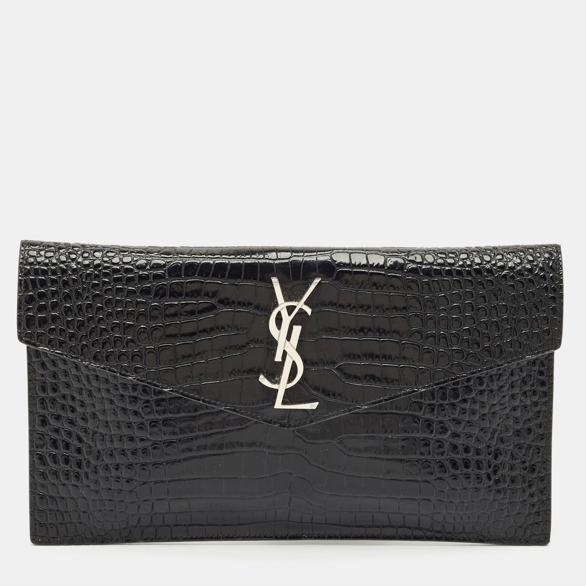 

Saint Laurent Black Croc Embossed Leather Uptown Clutch