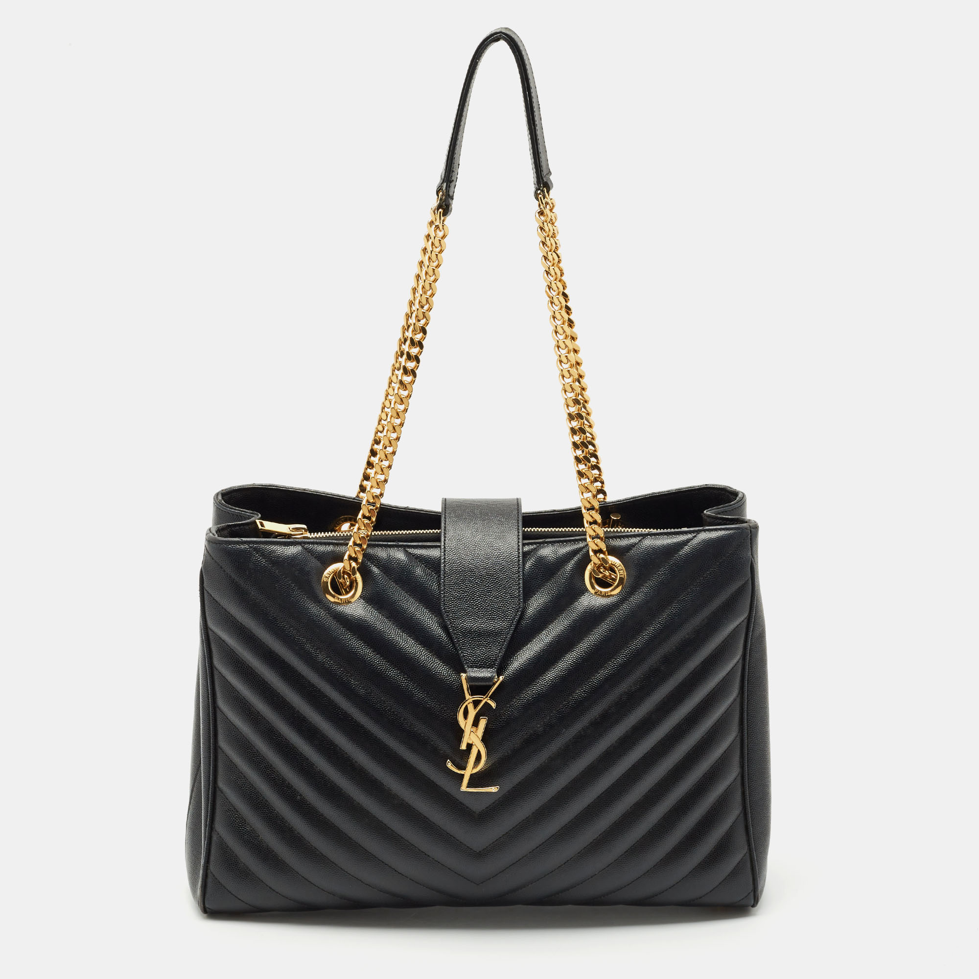 

Saint Laurent Black Chevron Leather Cassandre Shopper Tote