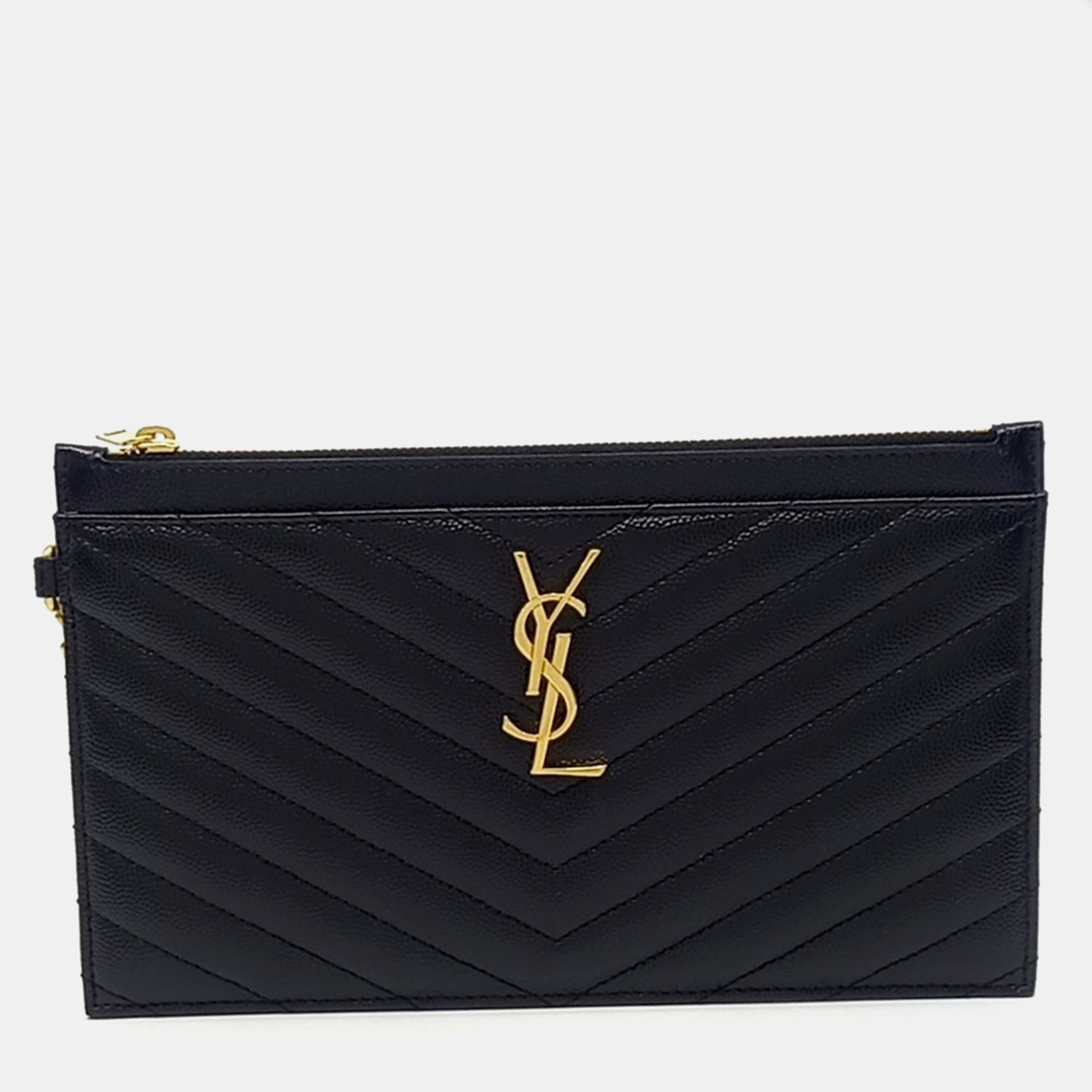 

Saint Laurent Paris Black Leather Monogram Bill Clutch