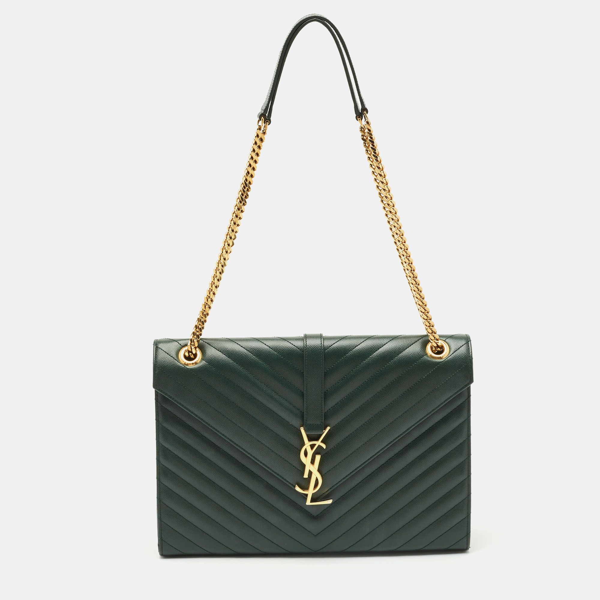 

Saint Laurent Green Matelassé Leather  Monogram Envelope Shoulder Bag