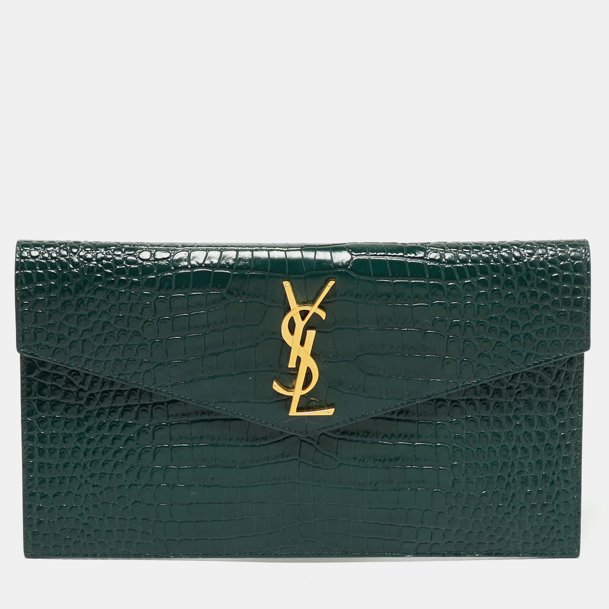 

Saint Laurent Dark Green Croc Embossed Leather Uptown Clutch
